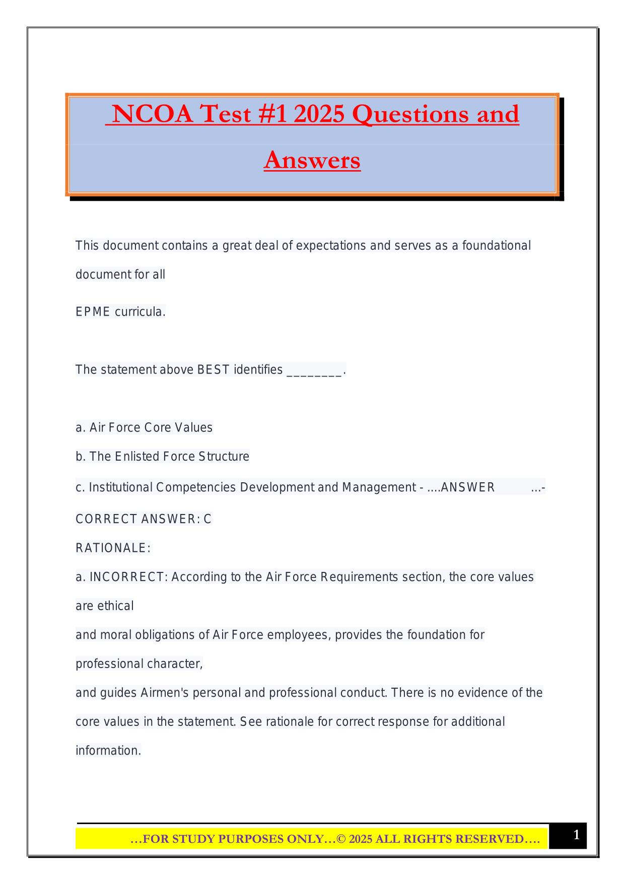 NCOA Test #1 2025 Questions and Answers