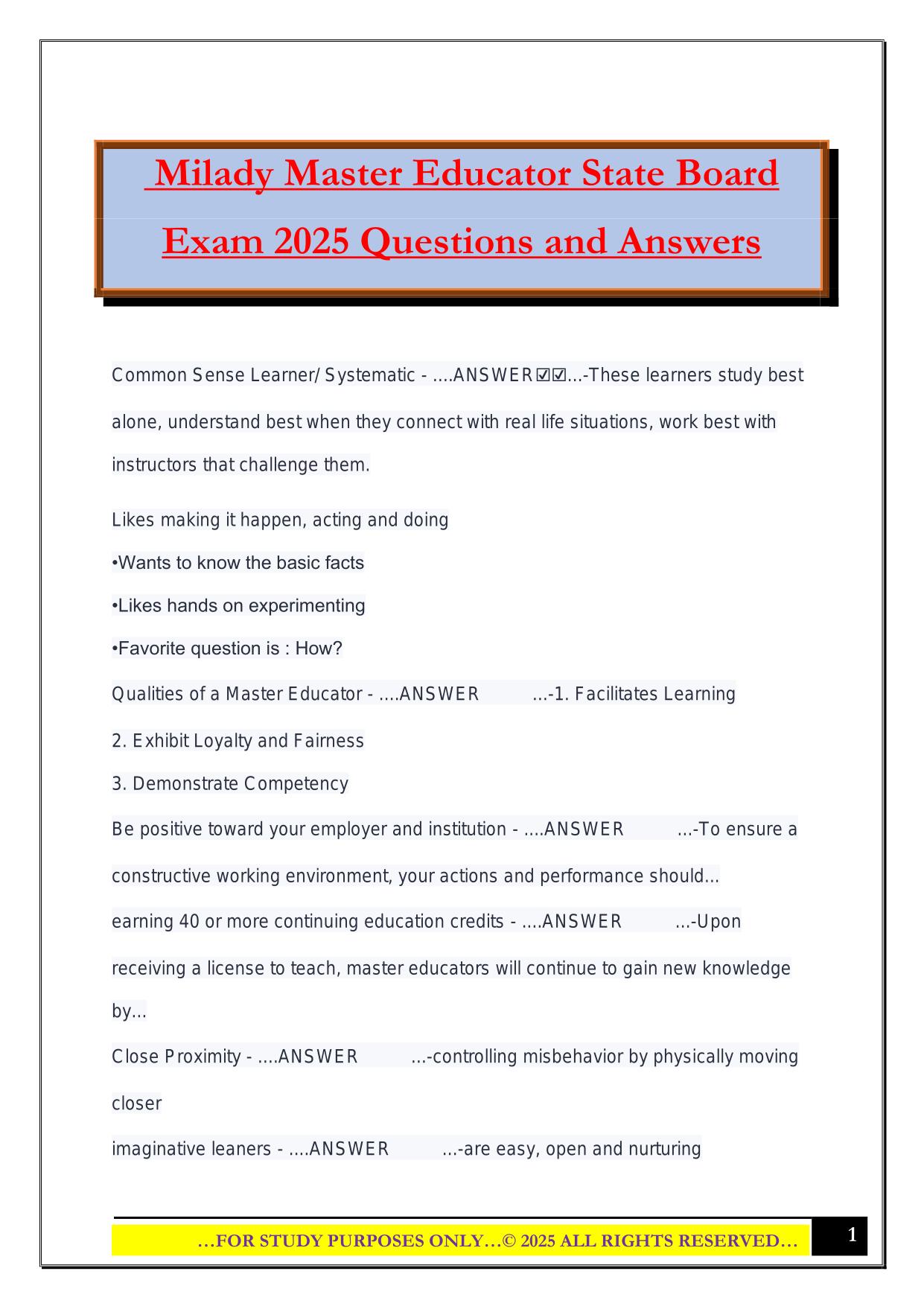 Milady Master Educator State Board Exam 2025 Questions and Answers