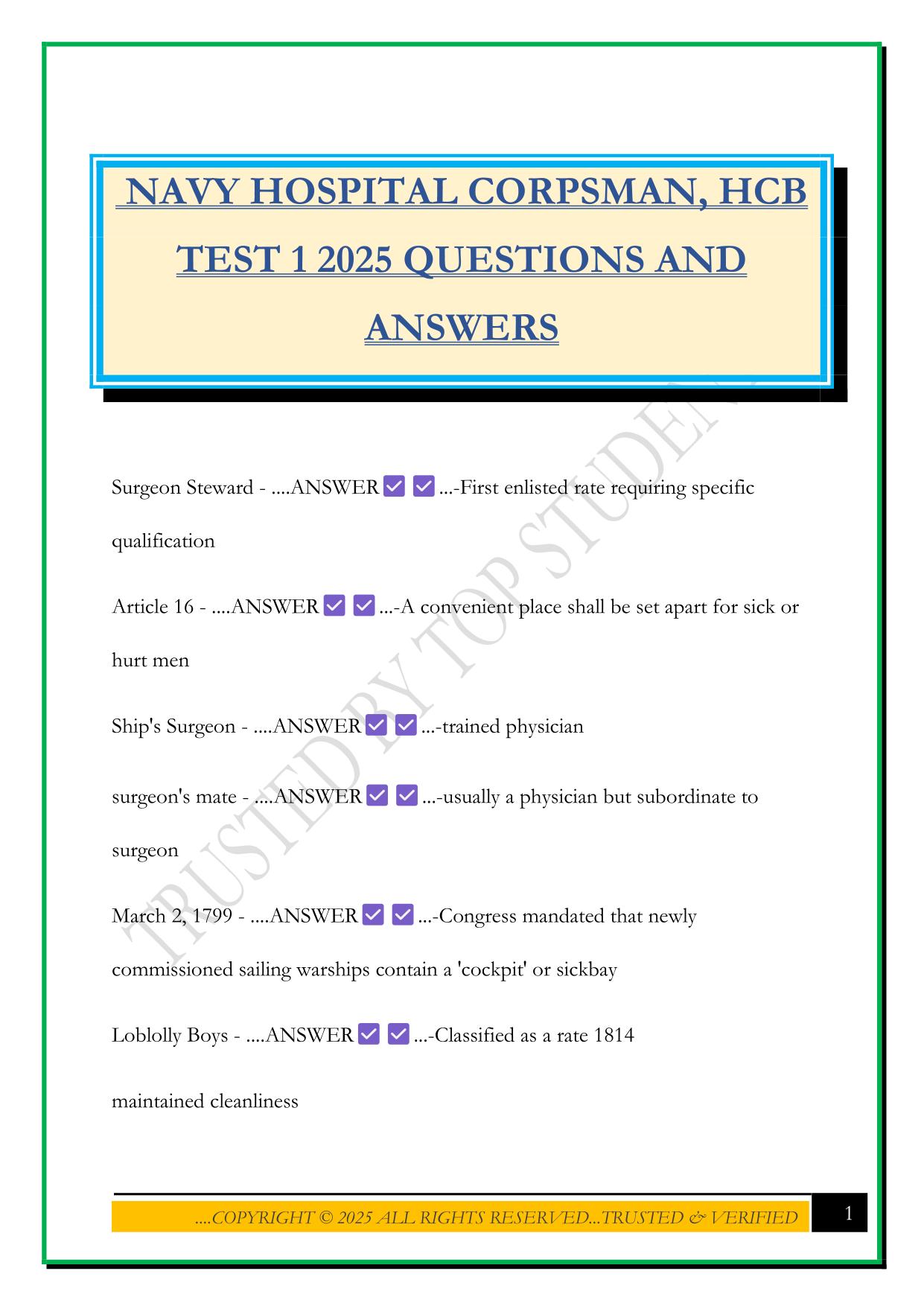NAVY HOSPITAL CORPSMAN, HCB TEST 1 2025 QUESTIONS AND ANSWERS