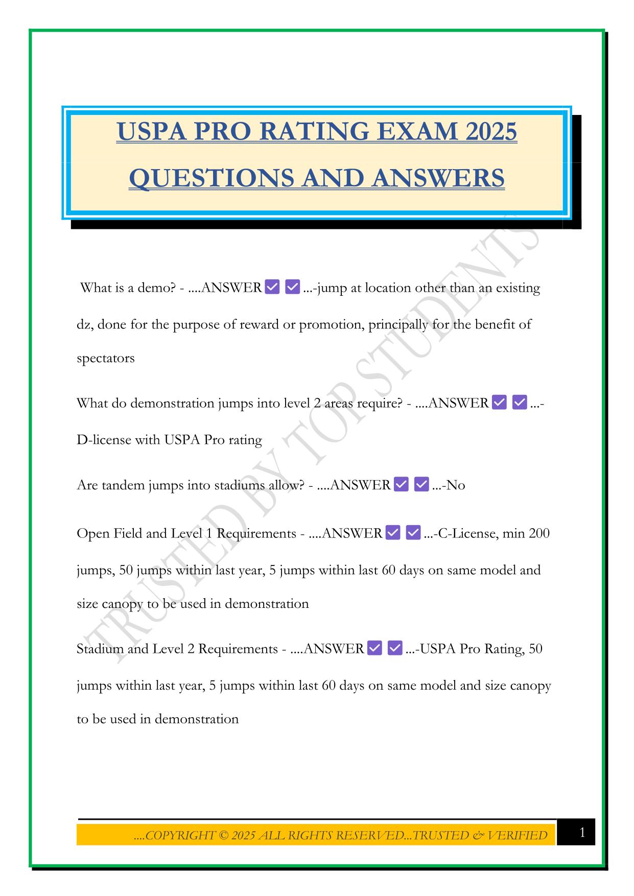 USPA PRO RATING EXAM 2025 QUESTIONS AND ANSWERS