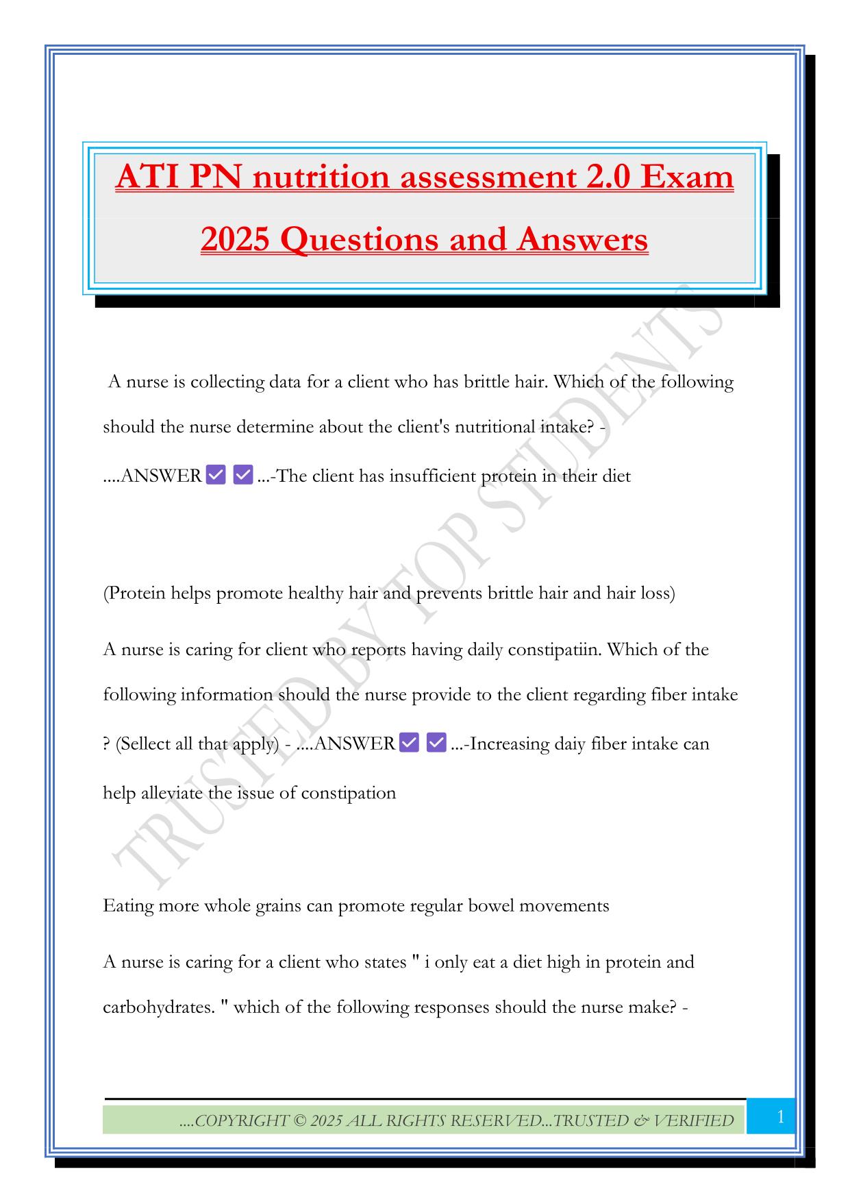 ATI PN nutrition assessment 2.0 Exam 2025 Questions and Answers