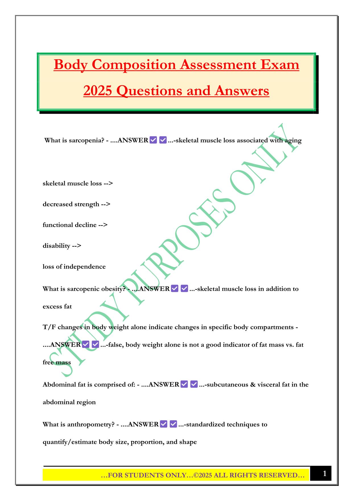 Body Composition Assessment Exam 2025 Questions and Answers