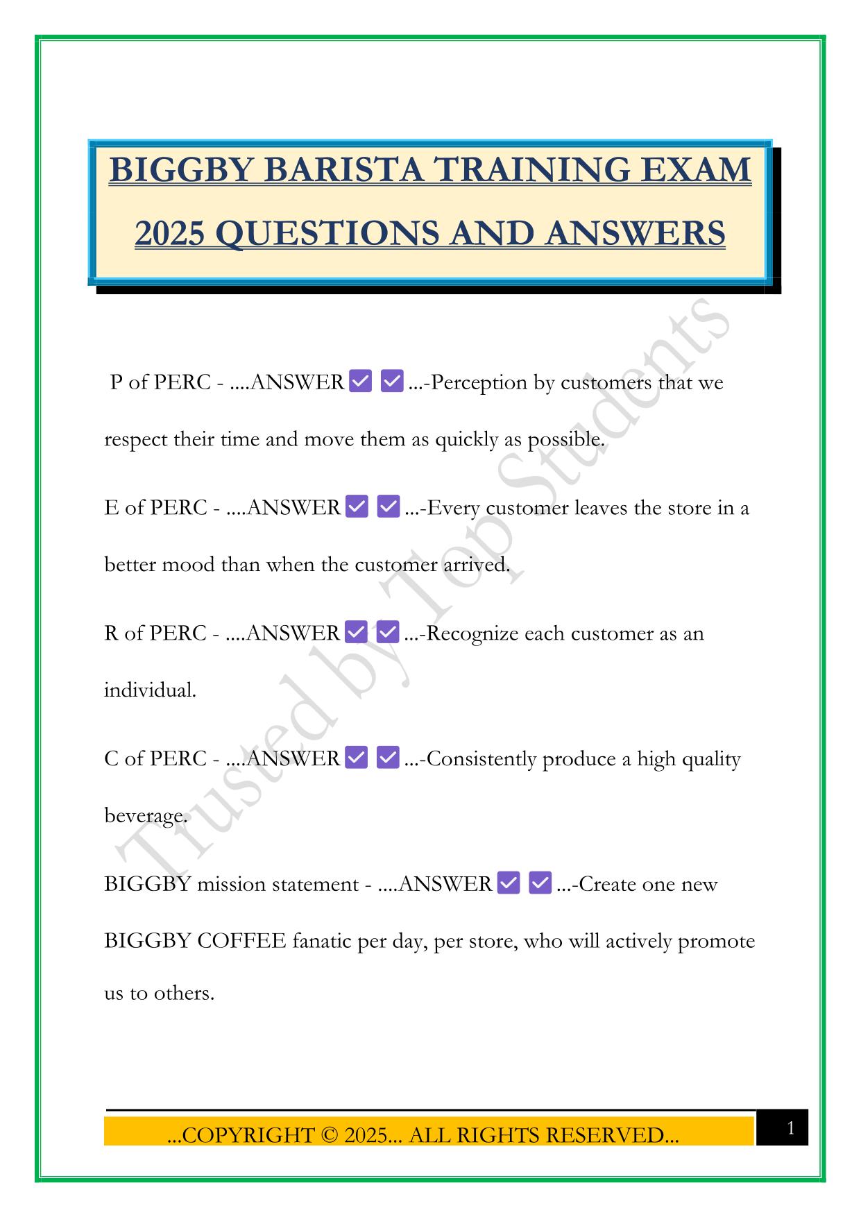 BIGGBY BARISTA TRAINING EXAM 2025 QUESTIONS AND ANSWERS