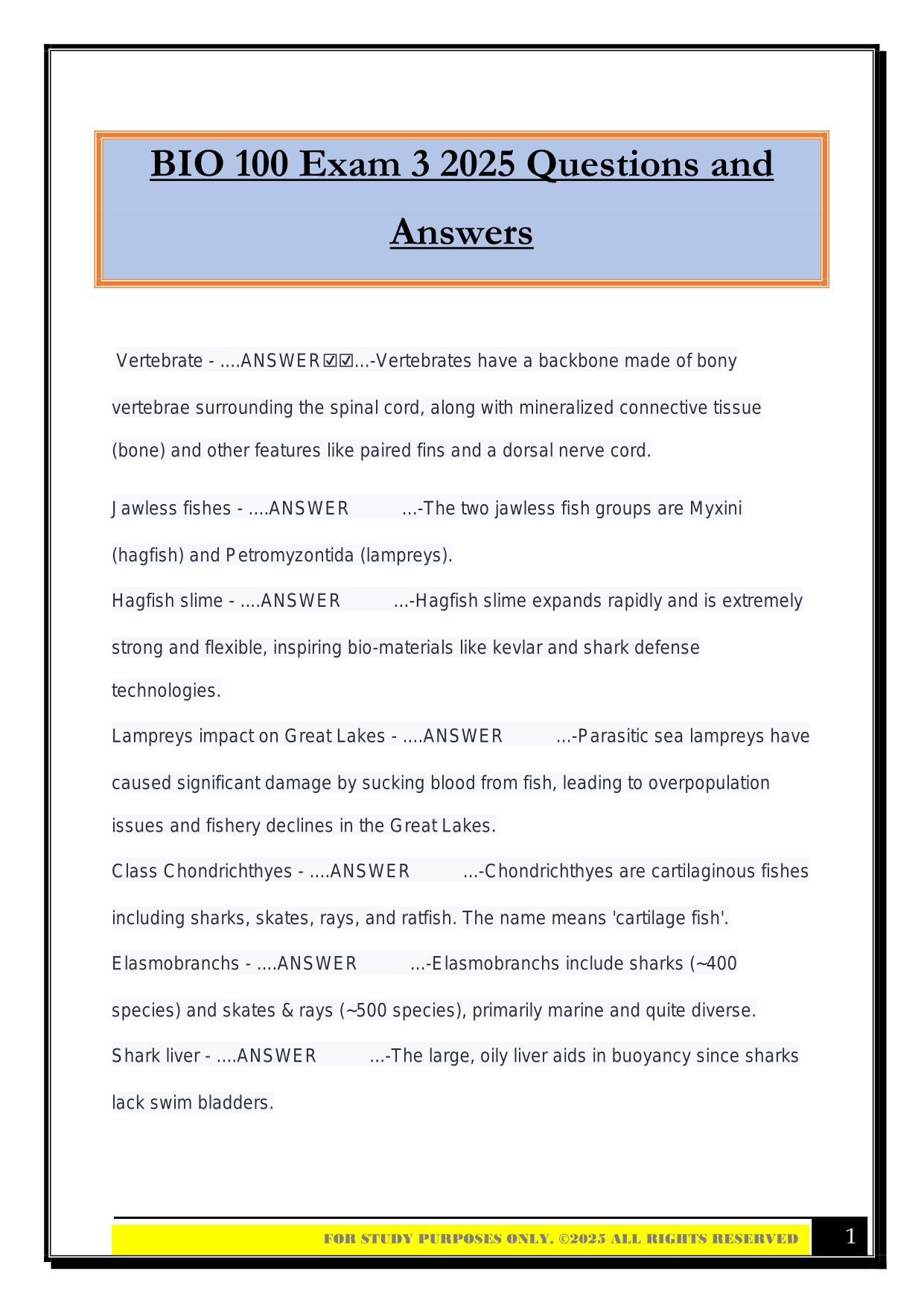 BIO 100 Exam 3 2025 Questions and Answers