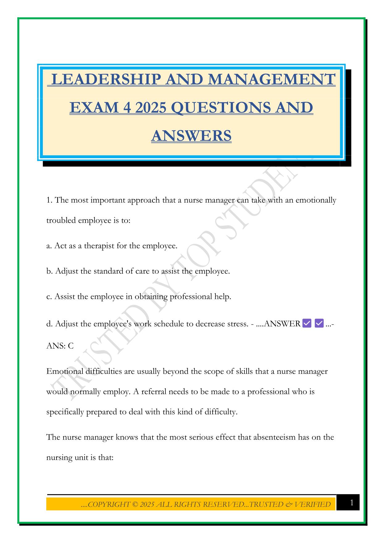 LEADERSHIP AND MANAGEMENT EXAM 4 2025 QUESTIONS AND ANSWERS