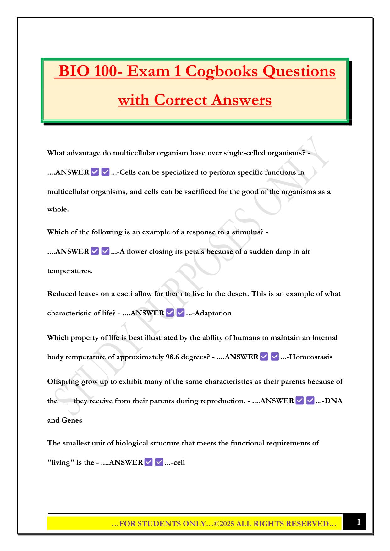 BIO 100- Exam 1 Cogbooks Questions with Correct Answers