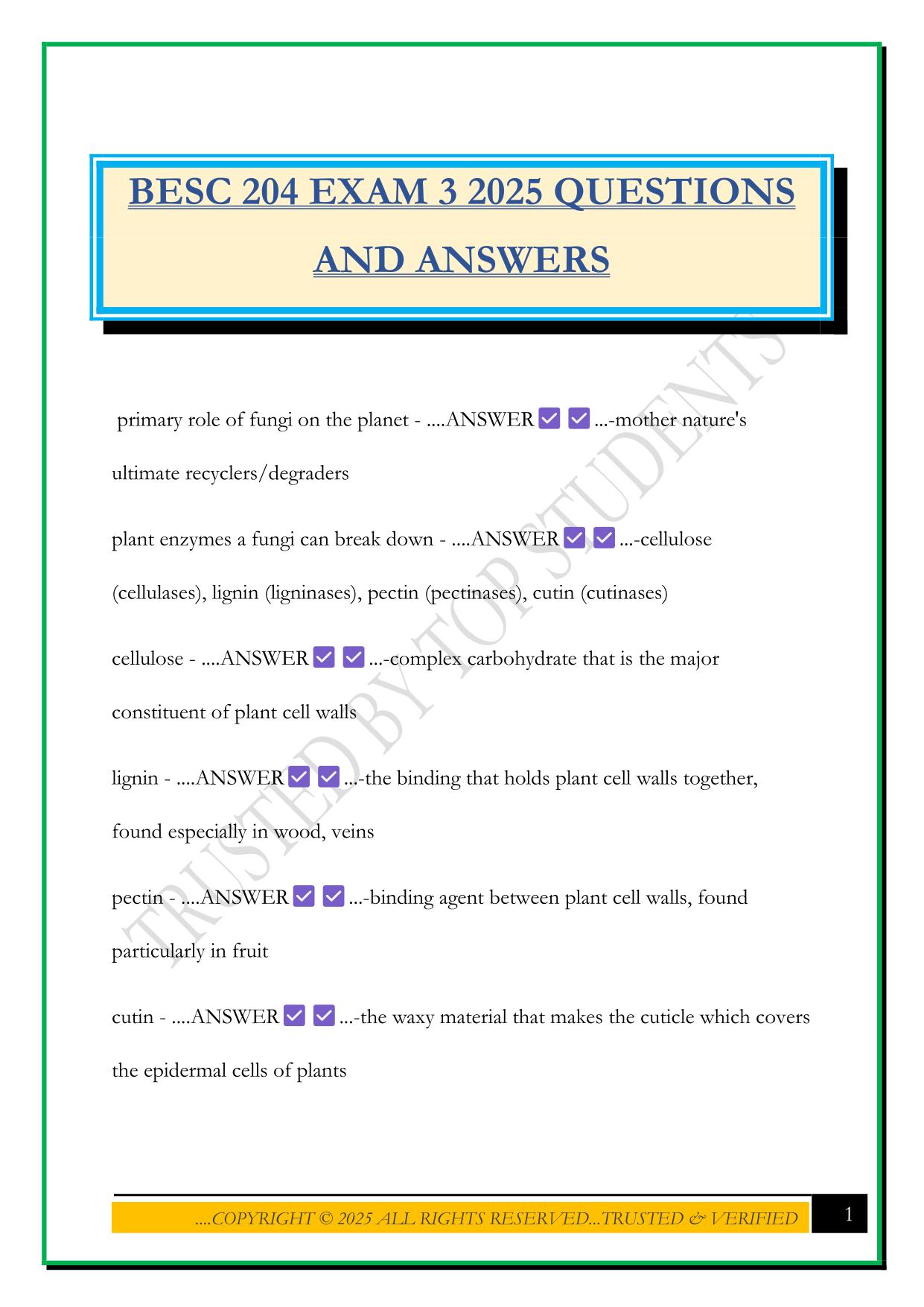 BESC 204 EXAM 3 2025 QUESTIONS AND ANSWERS