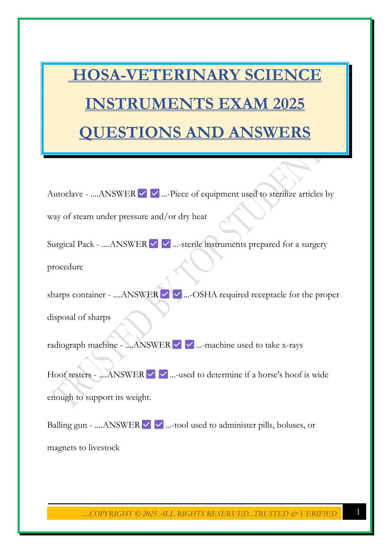 HOSA-VETERINARY SCIENCE INSTRUMENTS EXAM 2025 QUESTIONS AND ANSWERS