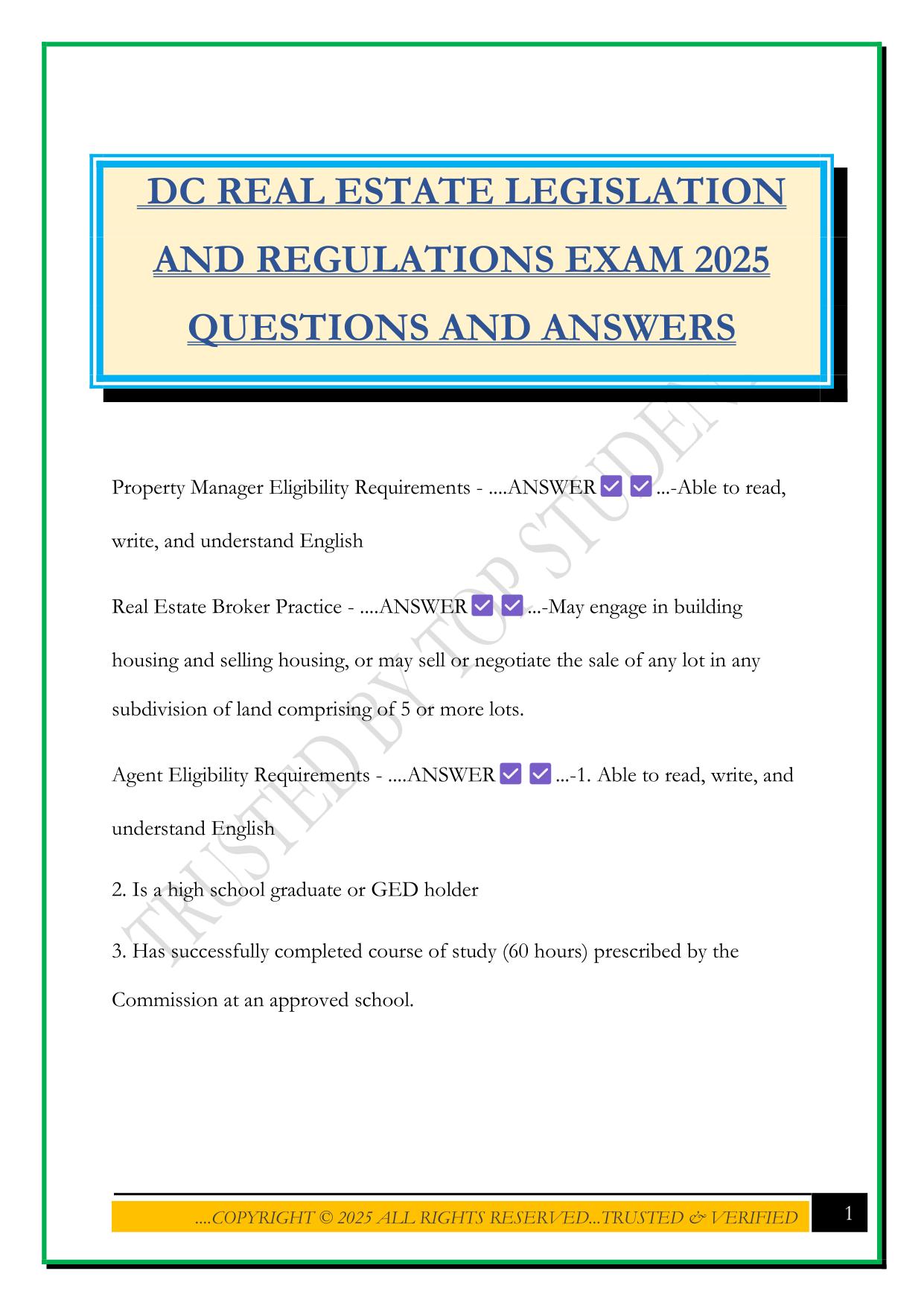 DC REAL ESTATE LEGISLATION AND REGULATIONS EXAM 2025 QUESTIONS AND ANSWERS
