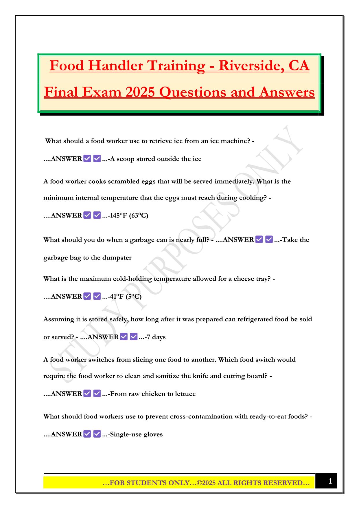 Food Handler Training - Riverside, CA Final Exam 2025 Questions and Answers