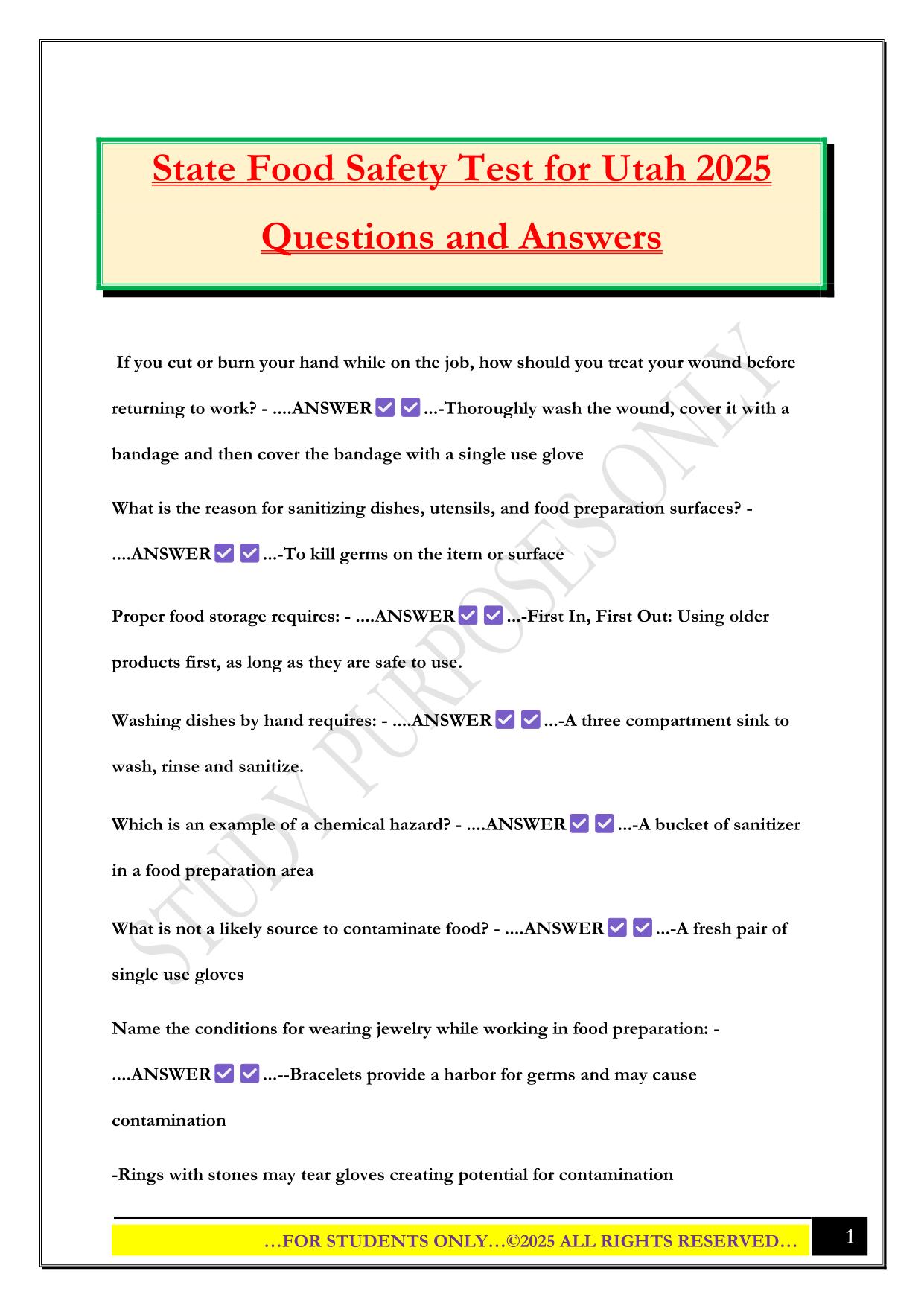 State Food Safety Test for Utah 2025 Questions and Answers