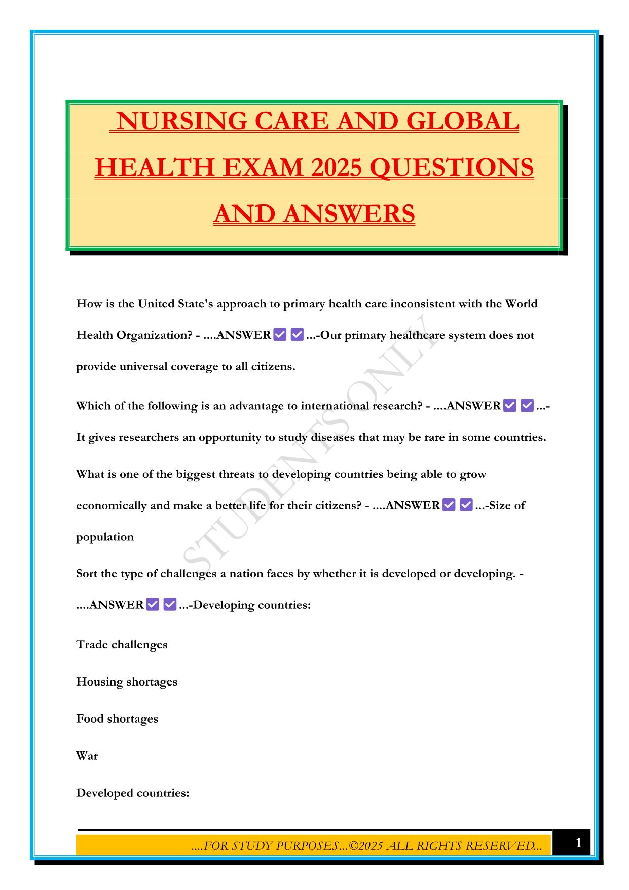 NURSING CARE AND GLOBAL HEALTH EXAM 2025 QUESTIONS AND ANSWERS