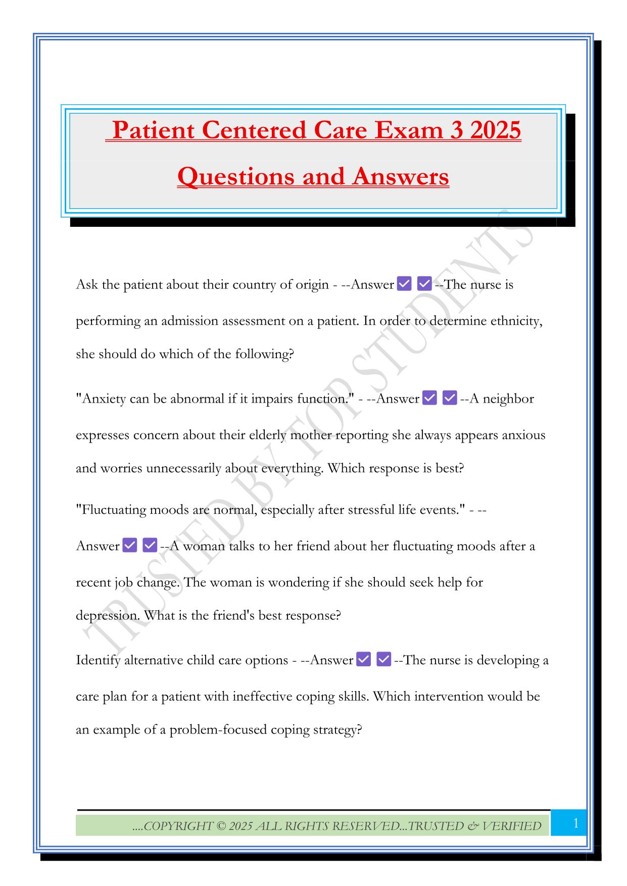 Patient Centered Care Exam 3 2025 Questions and Answers