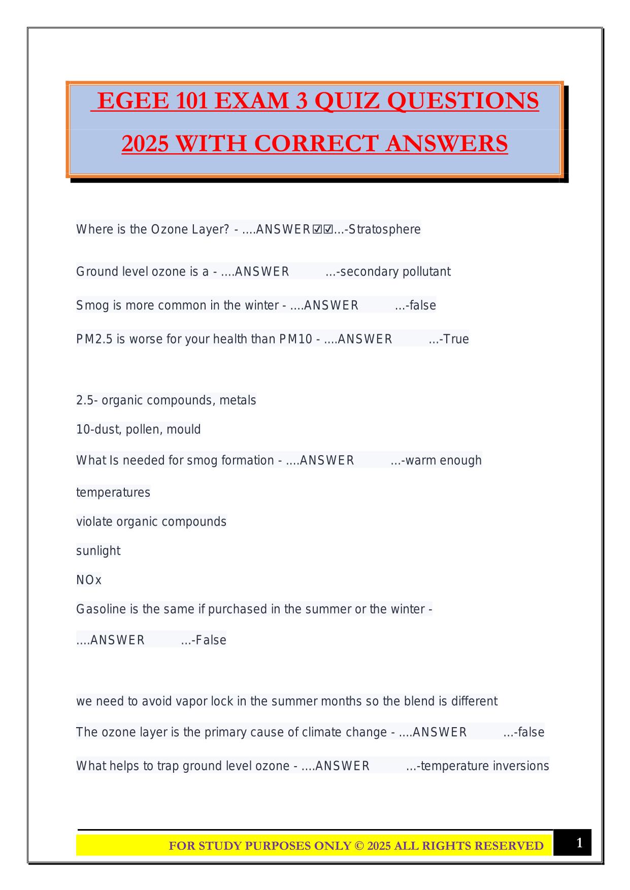 EGEE 101 EXAM 3 QUIZ QUESTIONS 2025 WITH CORRECT ANSWERS