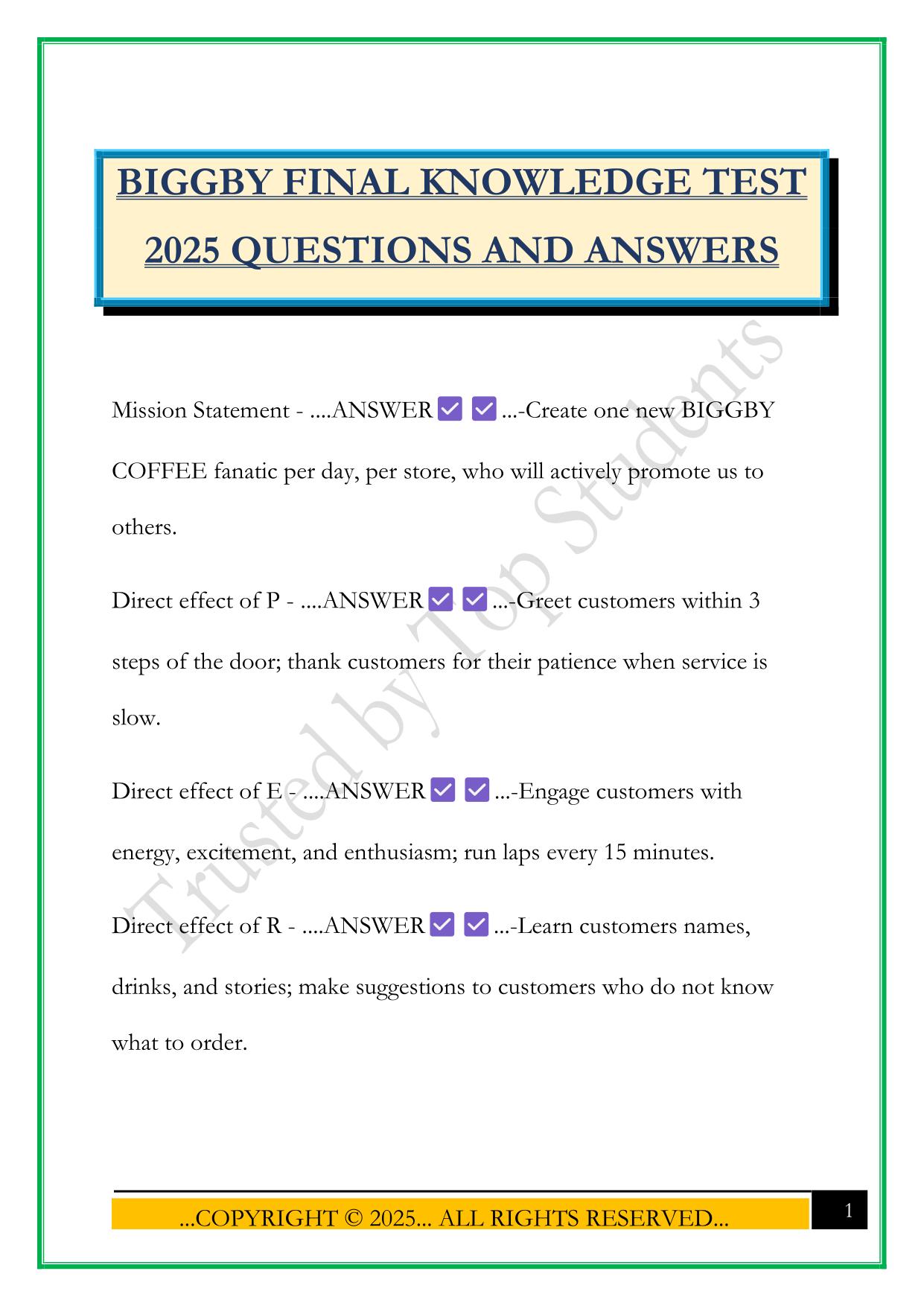 BIGGBY FINAL KNOWLEDGE TEST 2025 QUESTIONS AND ANSWERS