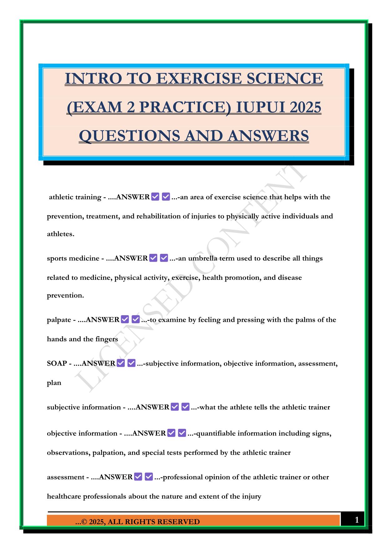 INTRO TO EXERCISE SCIENCE (EXAM 2 PRACTICE) IUPUI 2025 QUESTIONS AND ANSWERS