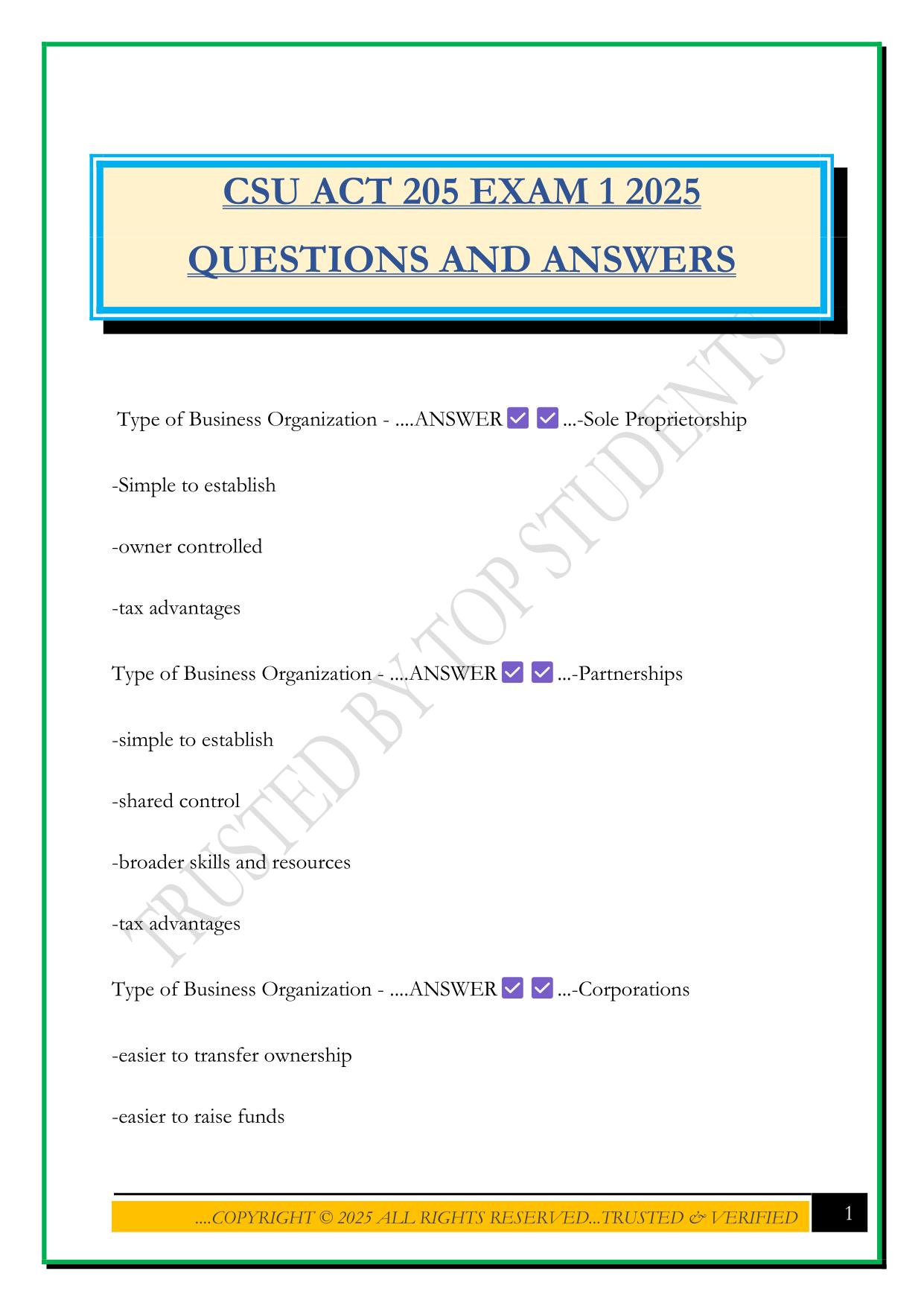 CSU ACT 205 EXAM 1 2025 QUESTIONS AND ANSWERS