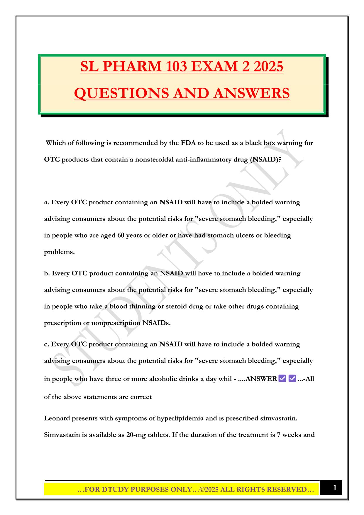 SL PHARM 103 EXAM 2 2025 QUESTIONS AND ANSWERS