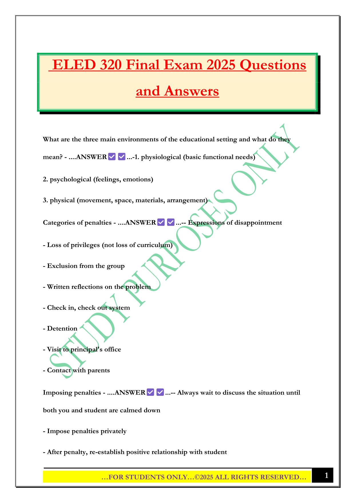 ELED 320 Final Exam 2025 Questions and Answers