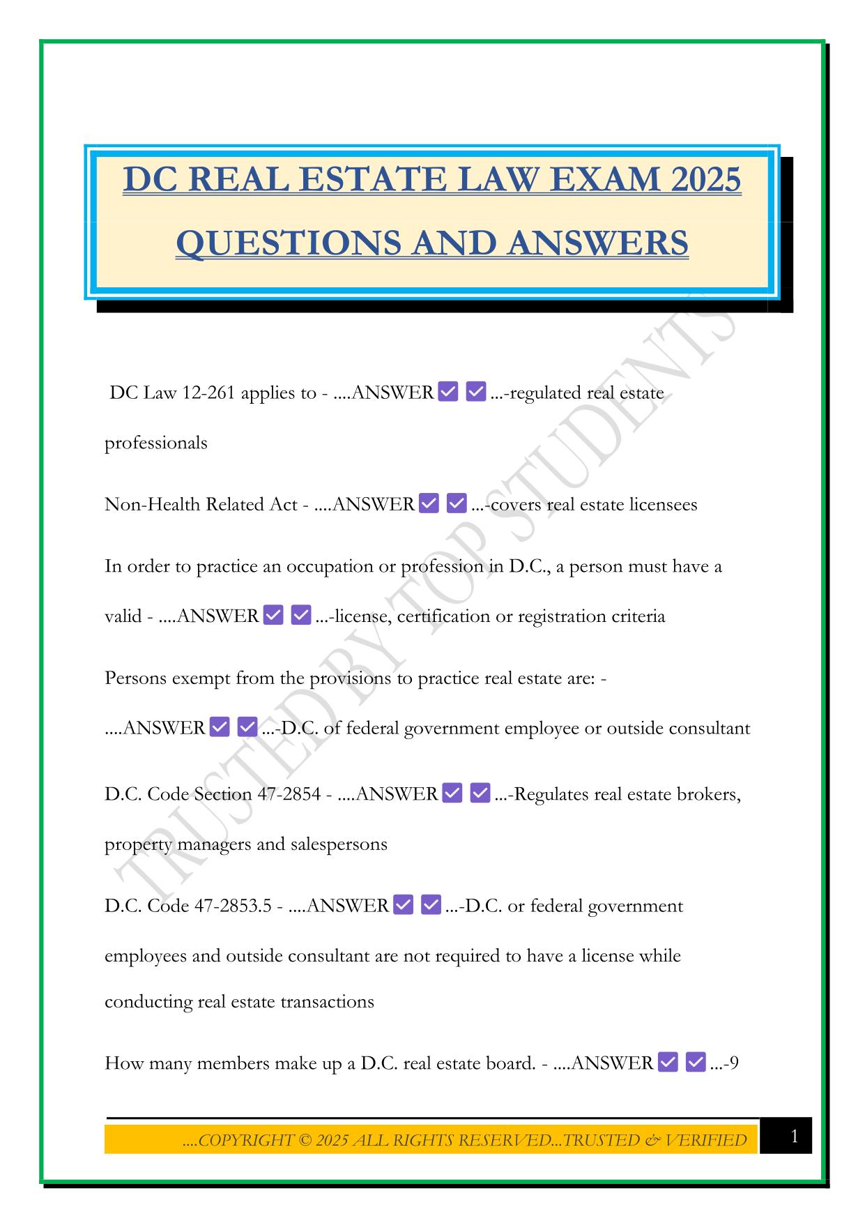 DC REAL ESTATE LAW EXAM 2025 QUESTIONS AND ANSWERS
