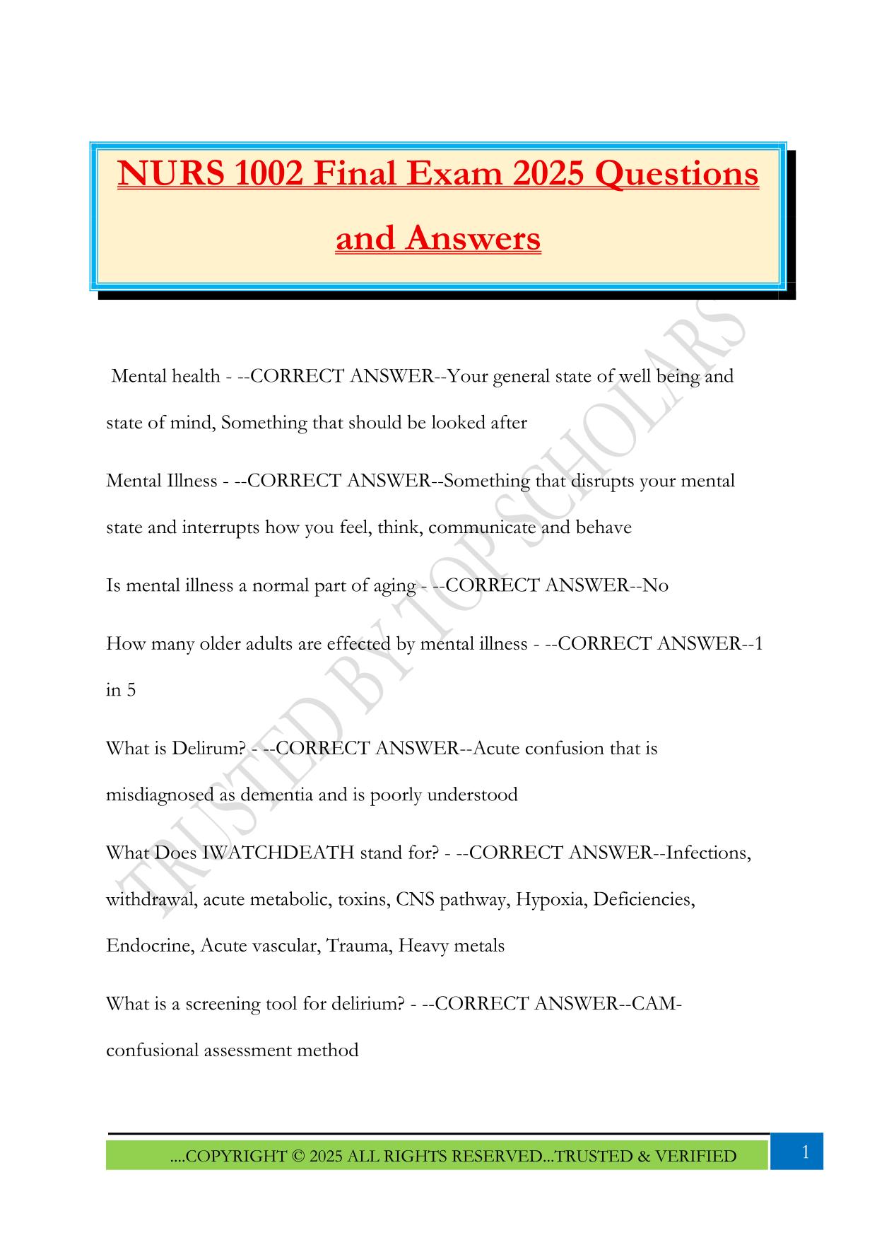 NURS 1002 Final Exam 2025 Questions and Answers