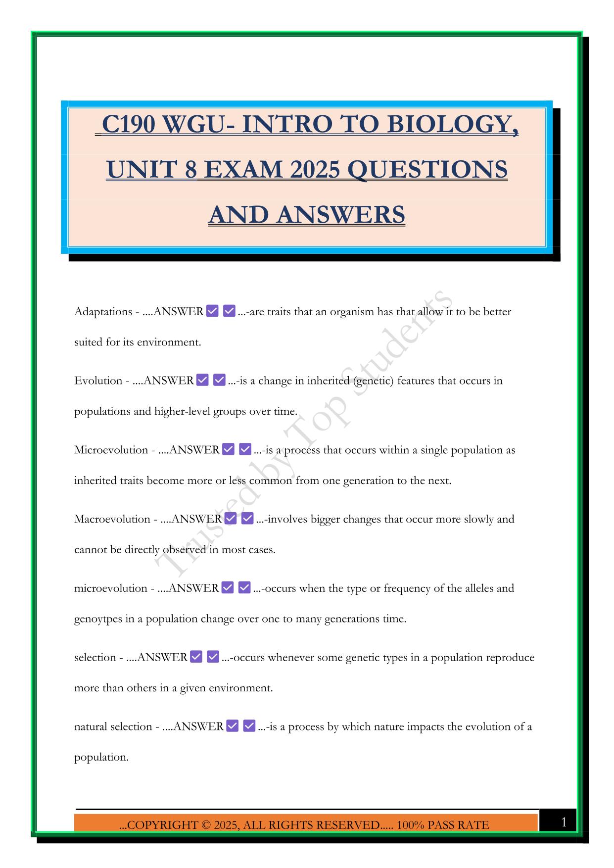 C190 WGU- INTRO TO BIOLOGY, UNIT 8 EXAM 2025 QUESTIONS AND ANSWERS