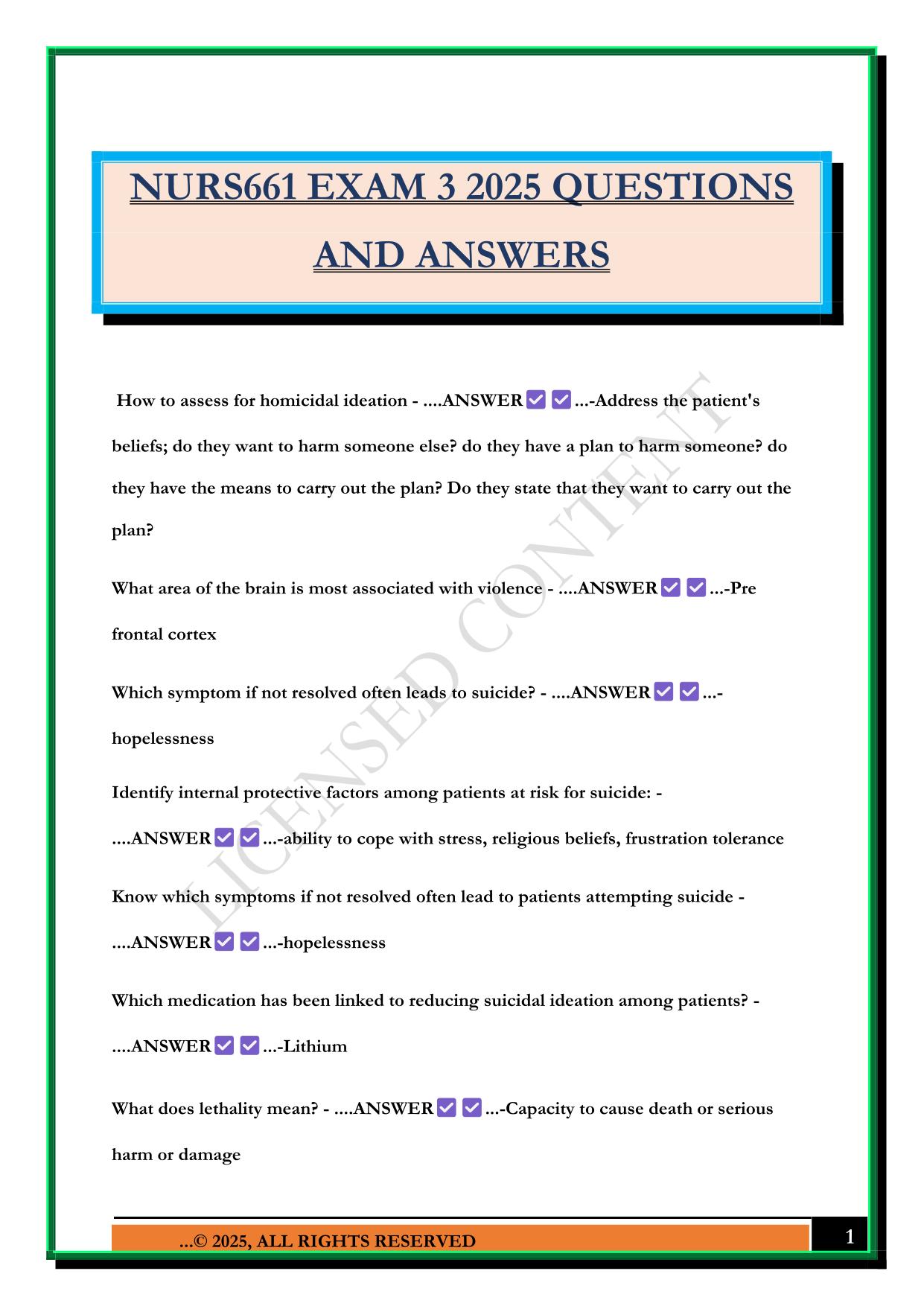 NURS661 EXAM 3 2025 QUESTIONS AND ANSWERS