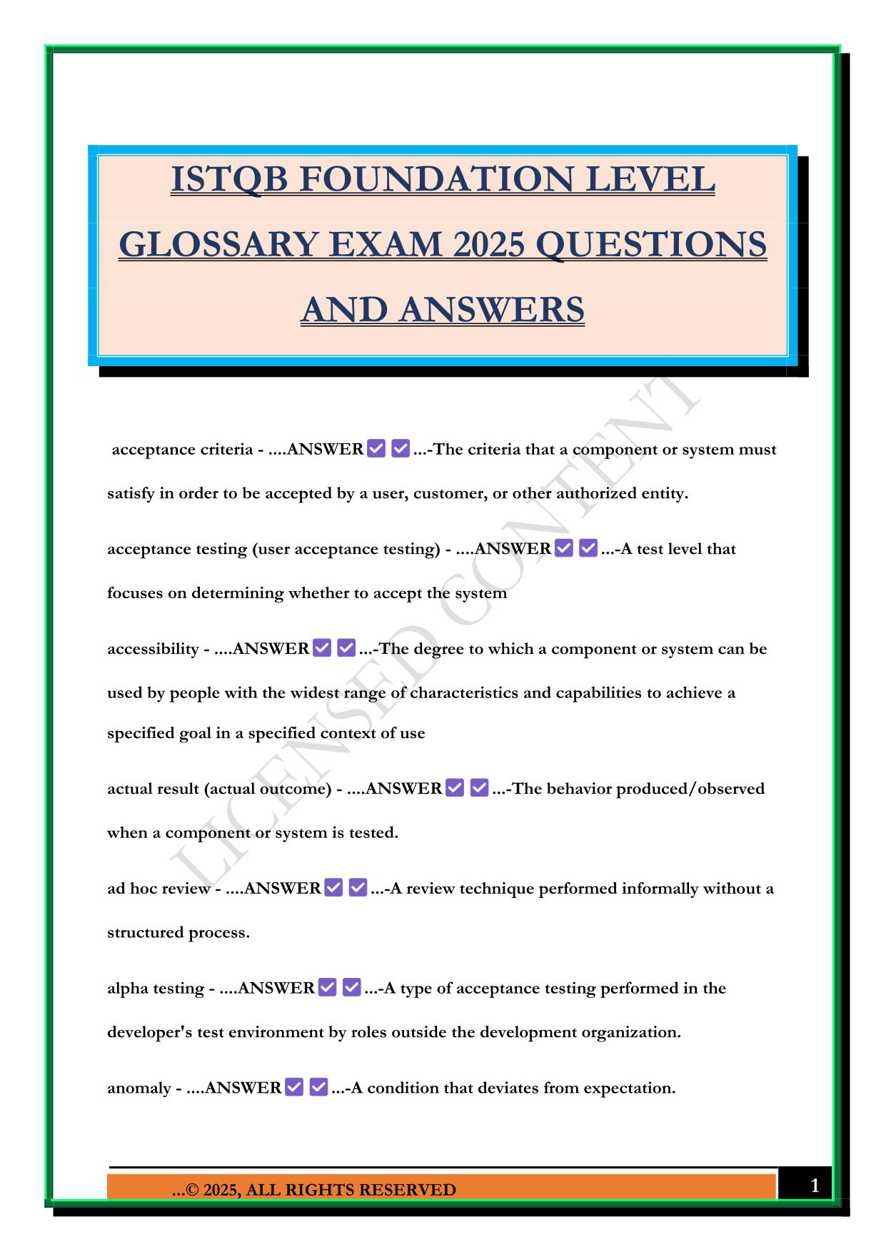 ISTQB FOUNDATION LEVEL GLOSSARY EXAM 2025 QUESTIONS AND ANSWERS