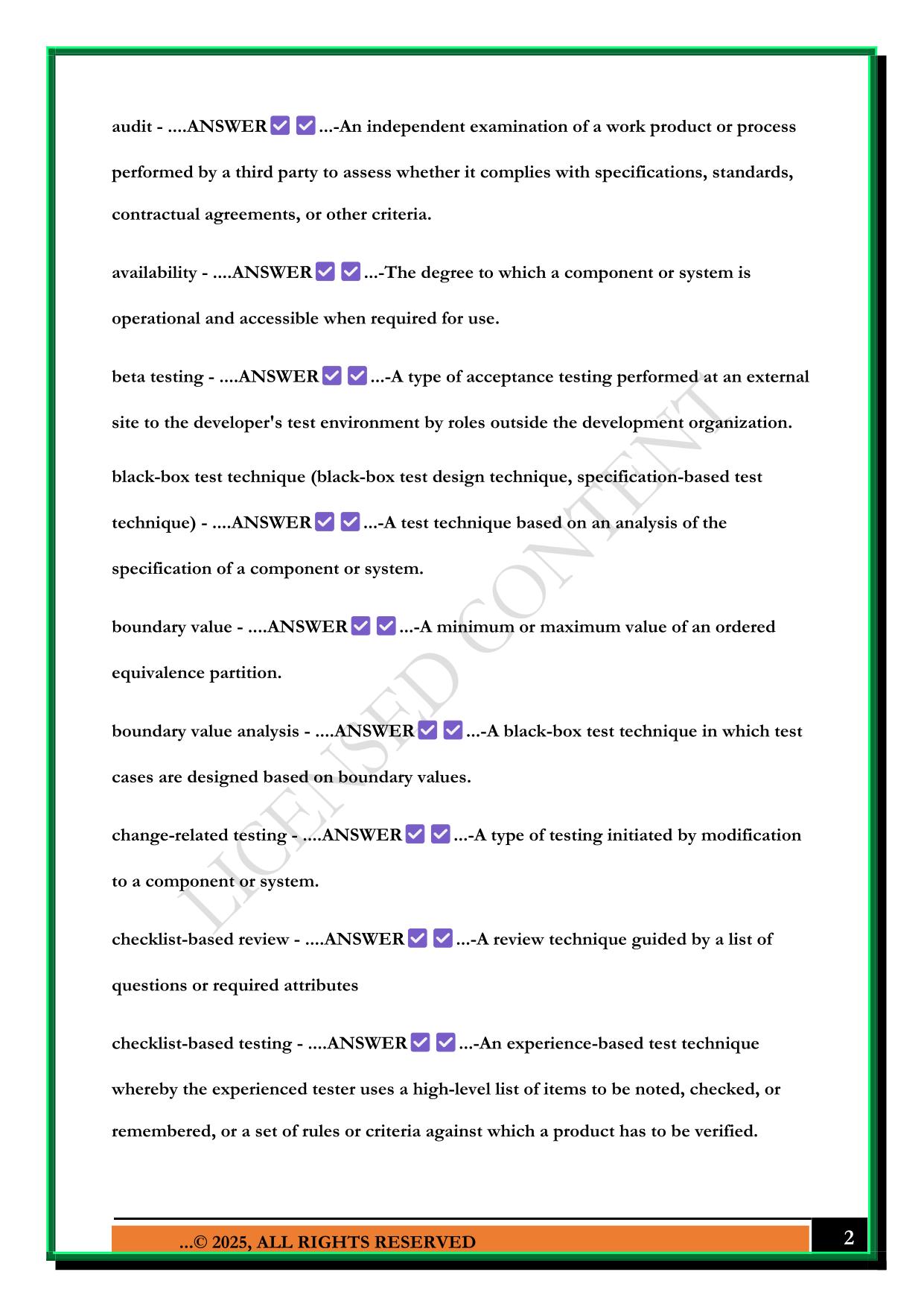 ISTQB FOUNDATION LEVEL GLOSSARY EXAM 2025 QUESTIONS AND ANSWERS