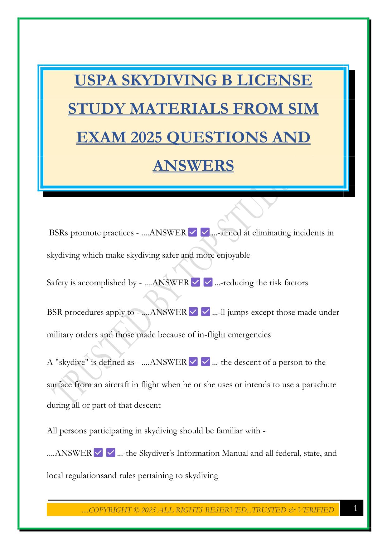 USPA SKYDIVING B LICENSE STUDY MATERIALS FROM SIM EXAM 2025 QUESTIONS AND ANSWERS