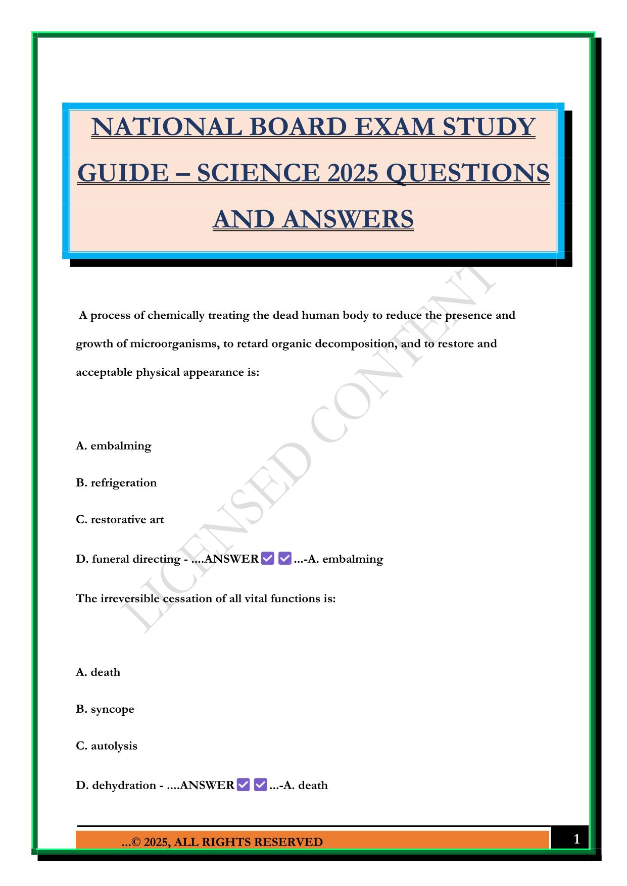 NATIONAL BOARD EXAM STUDY GUIDE – SCIENCE 2025 QUESTIONS AND ANSWERS