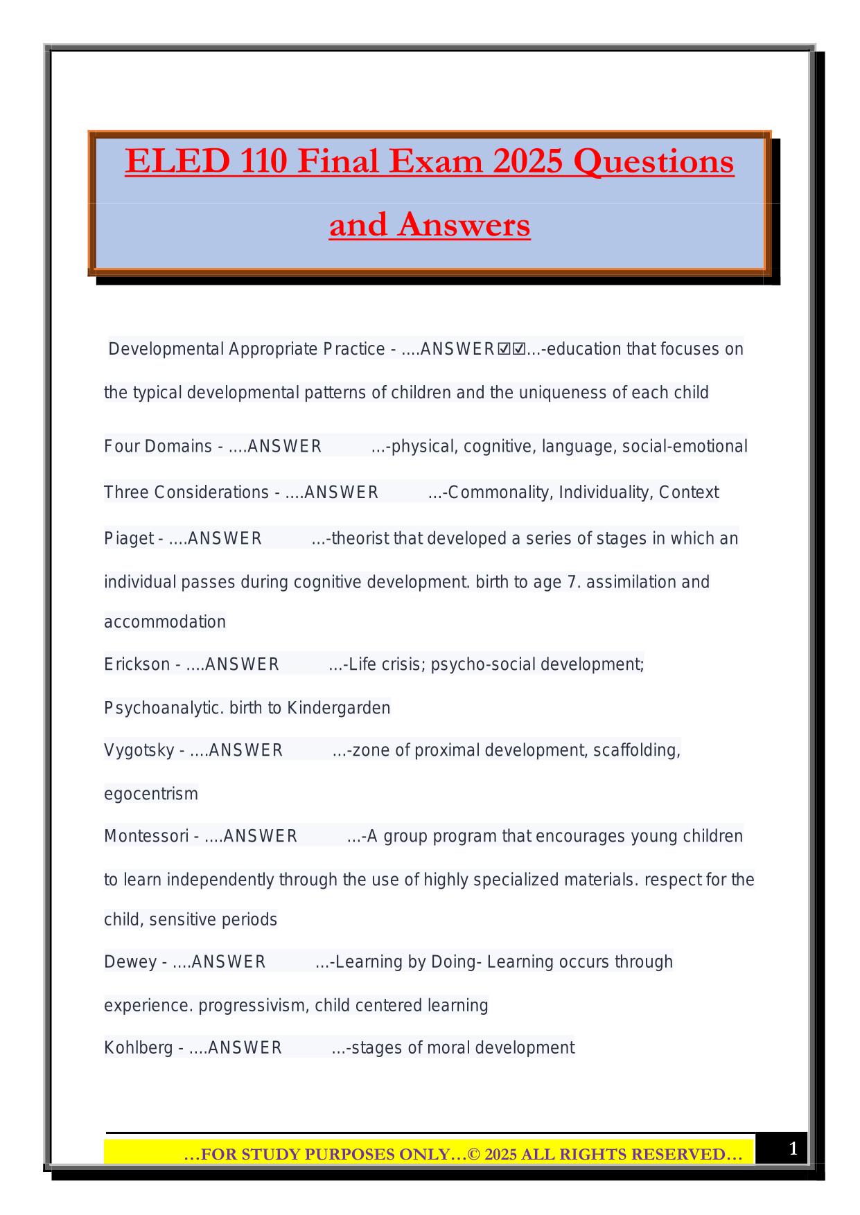 ELED Bundled Exams 2025/2026 |Questions and Answers|100% Pass