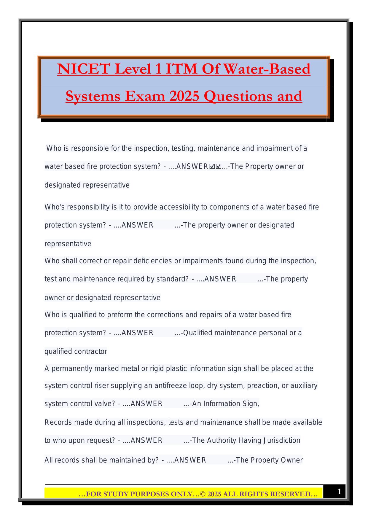 NICET Level 1 ITM Of Water-Based Systems Exam 2025 Questions and