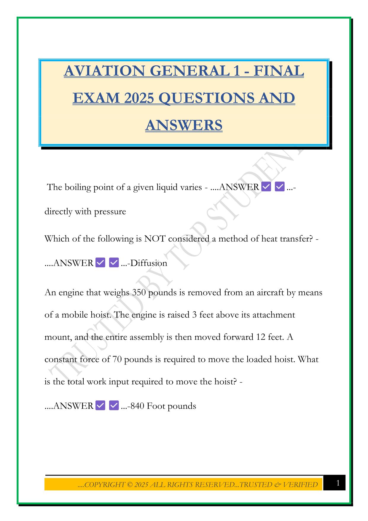AVIATION GENERAL 1 - FINAL EXAM 2025 QUESTIONS AND ANSWERS