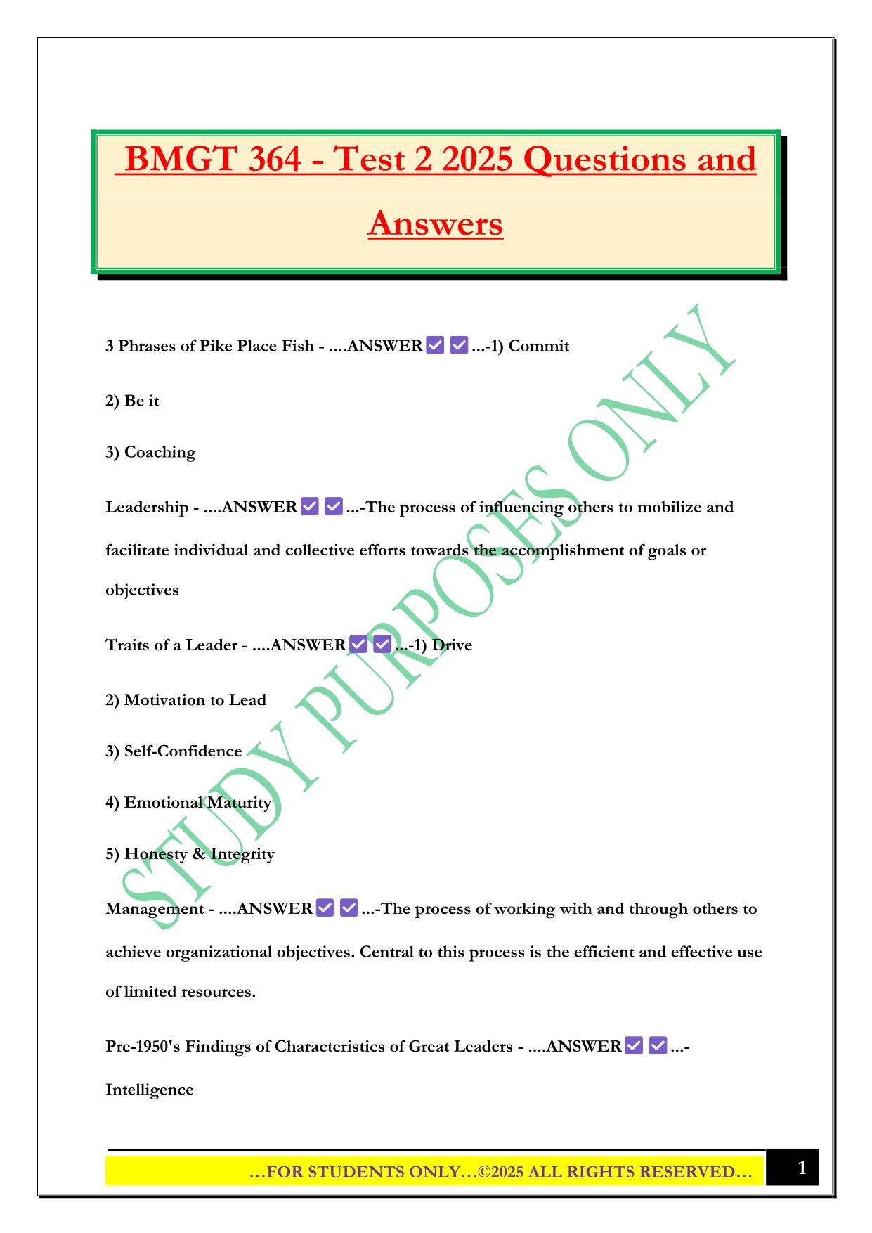 BMGT 364 - Test 2 2025 Questions and Answers