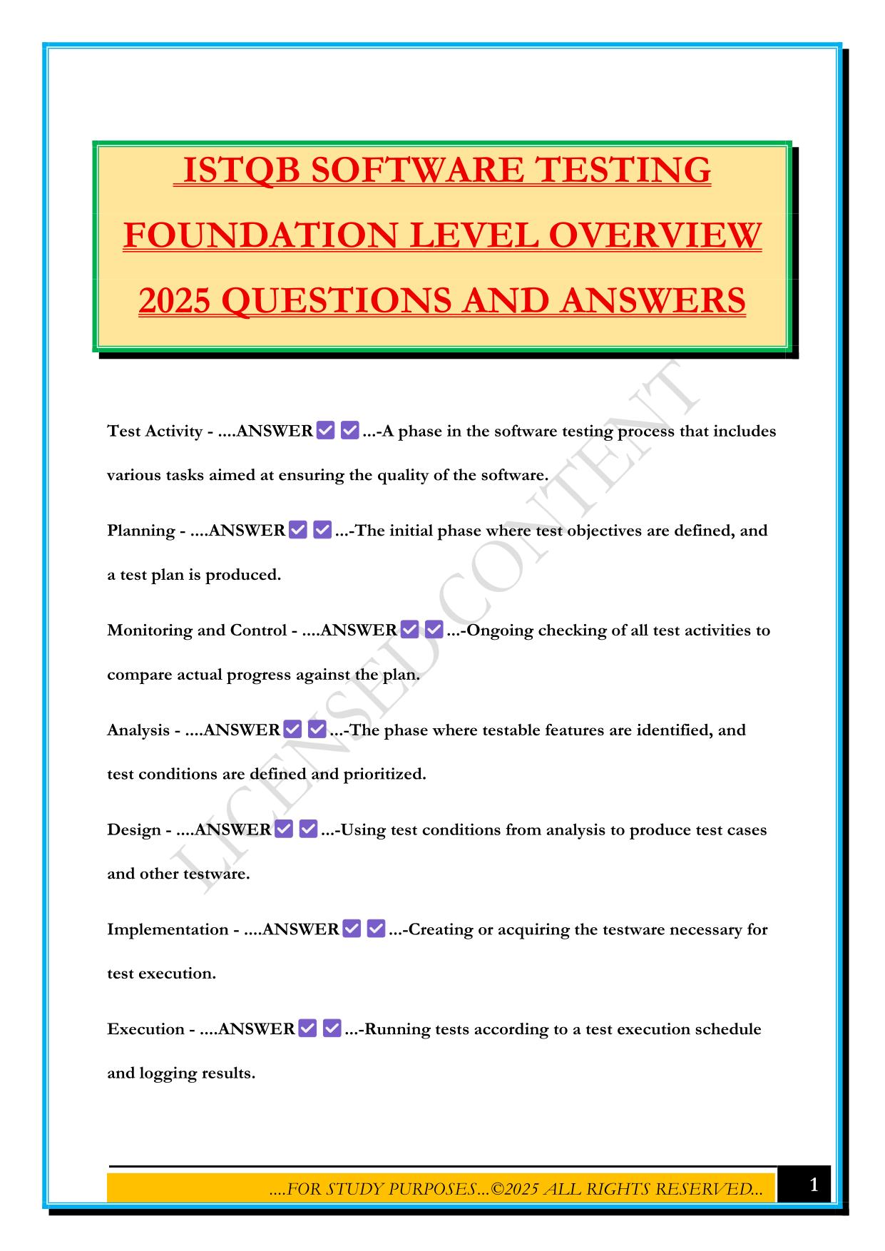 ISTQB SOFTWARE TESTING FOUNDATION LEVEL OVERVIEW 2025 QUESTIONS AND ANSWERS