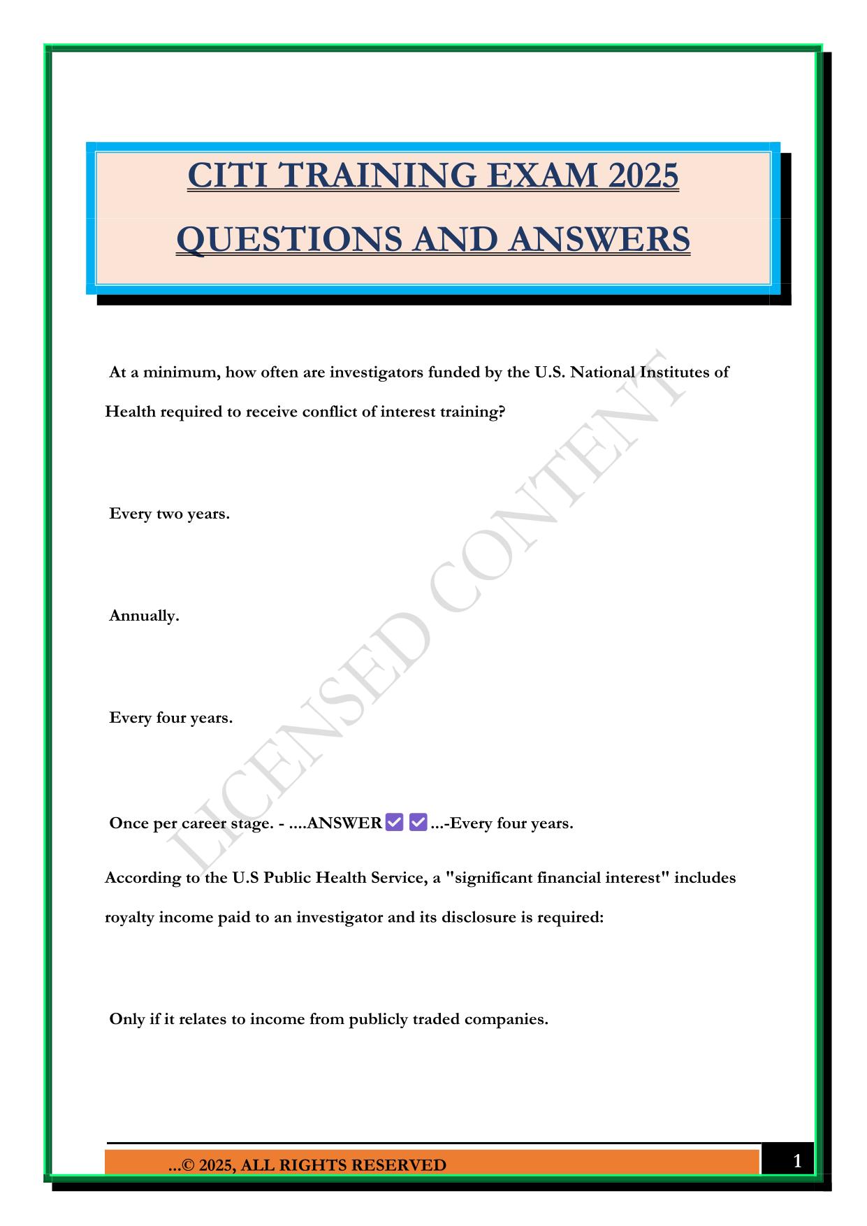 CITI TRAINING EXAM 2025 QUESTIONS AND ANSWERS