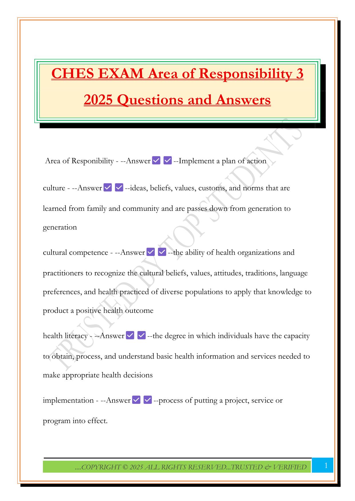 CHES EXAM Area of Responsibility 3 2025 Questions and Answers