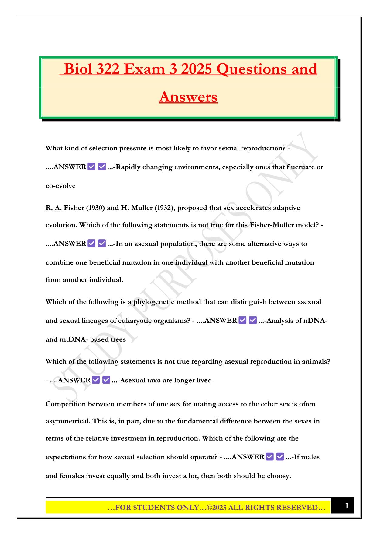 Biol 322 Exam 3 2025 Questions and Answers