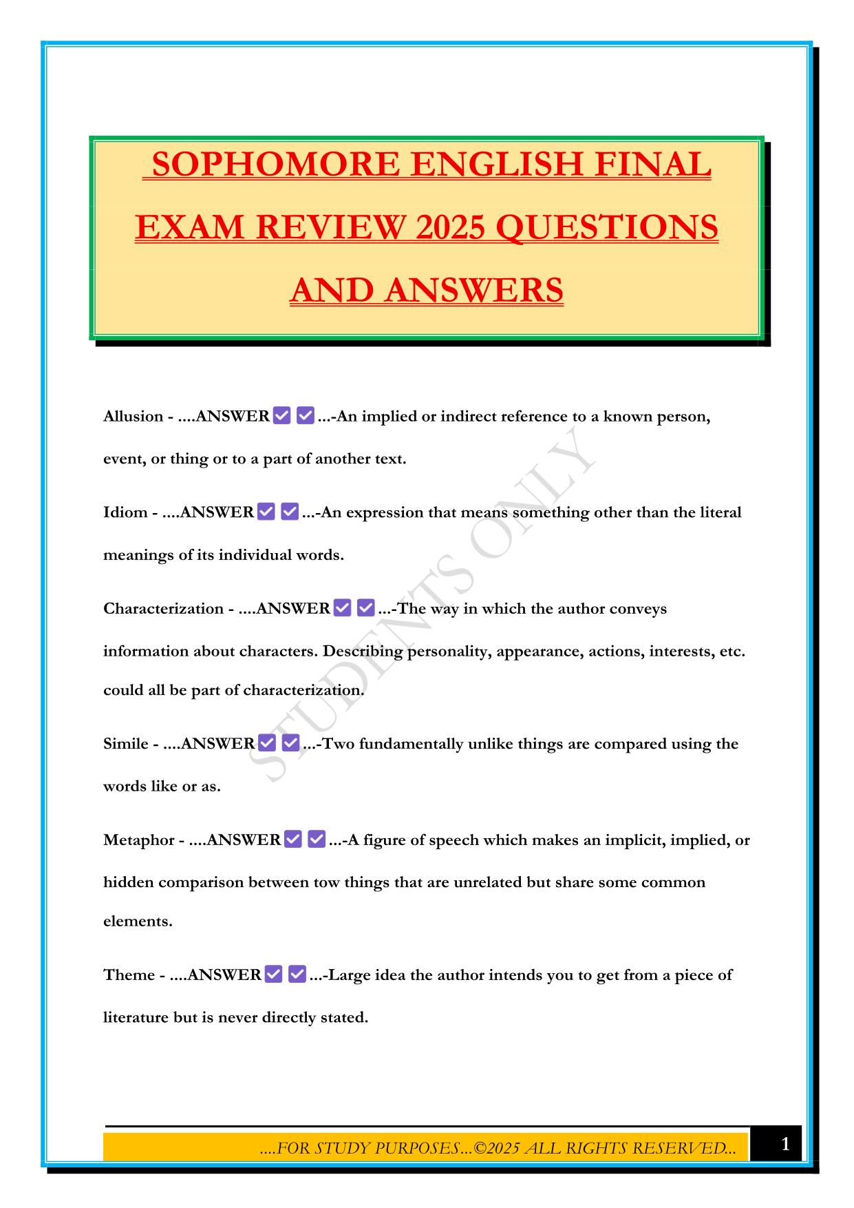 SOPHOMORE ENGLISH FINAL EXAM REVIEW 2025 QUESTIONS AND ANSWERS