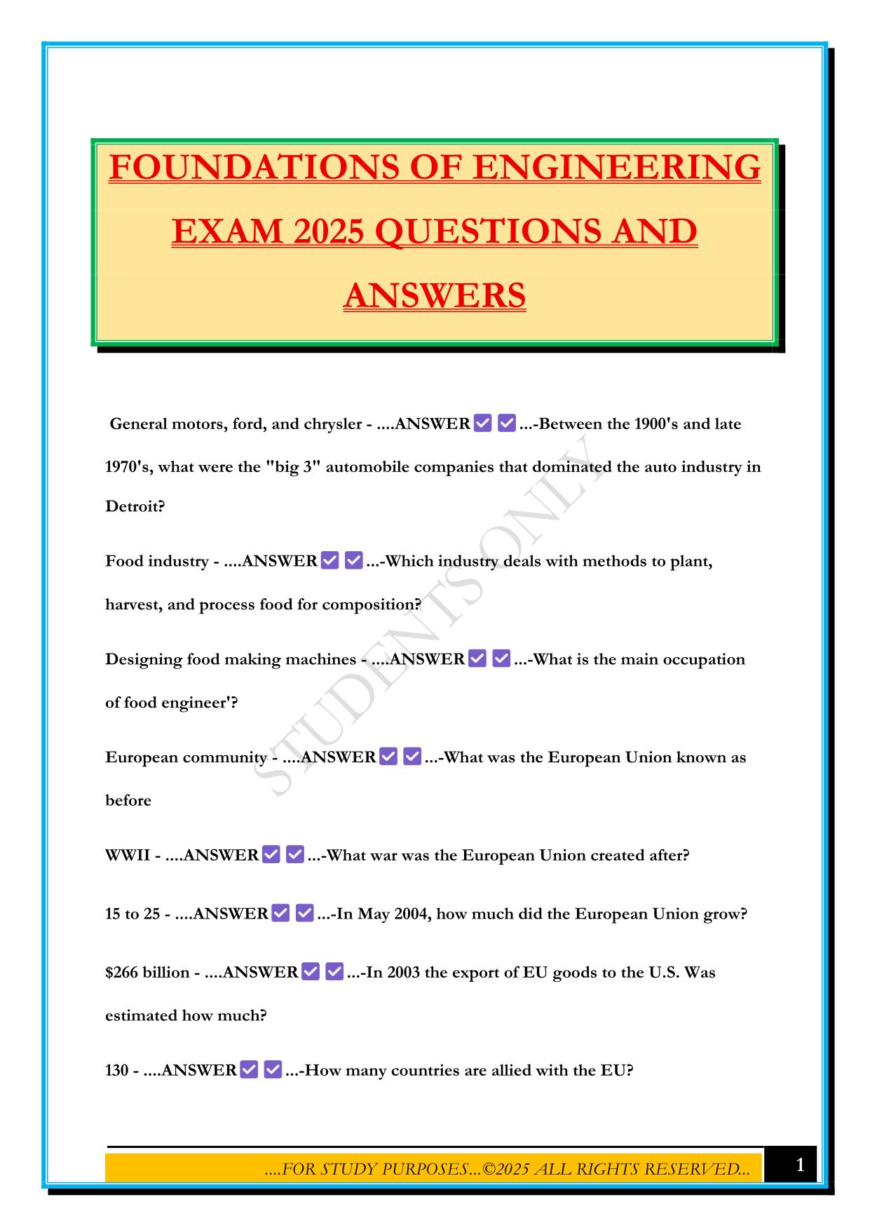 FOUNDATIONS OF ENGINEERING EXAM 2025 QUESTIONS AND ANSWERS