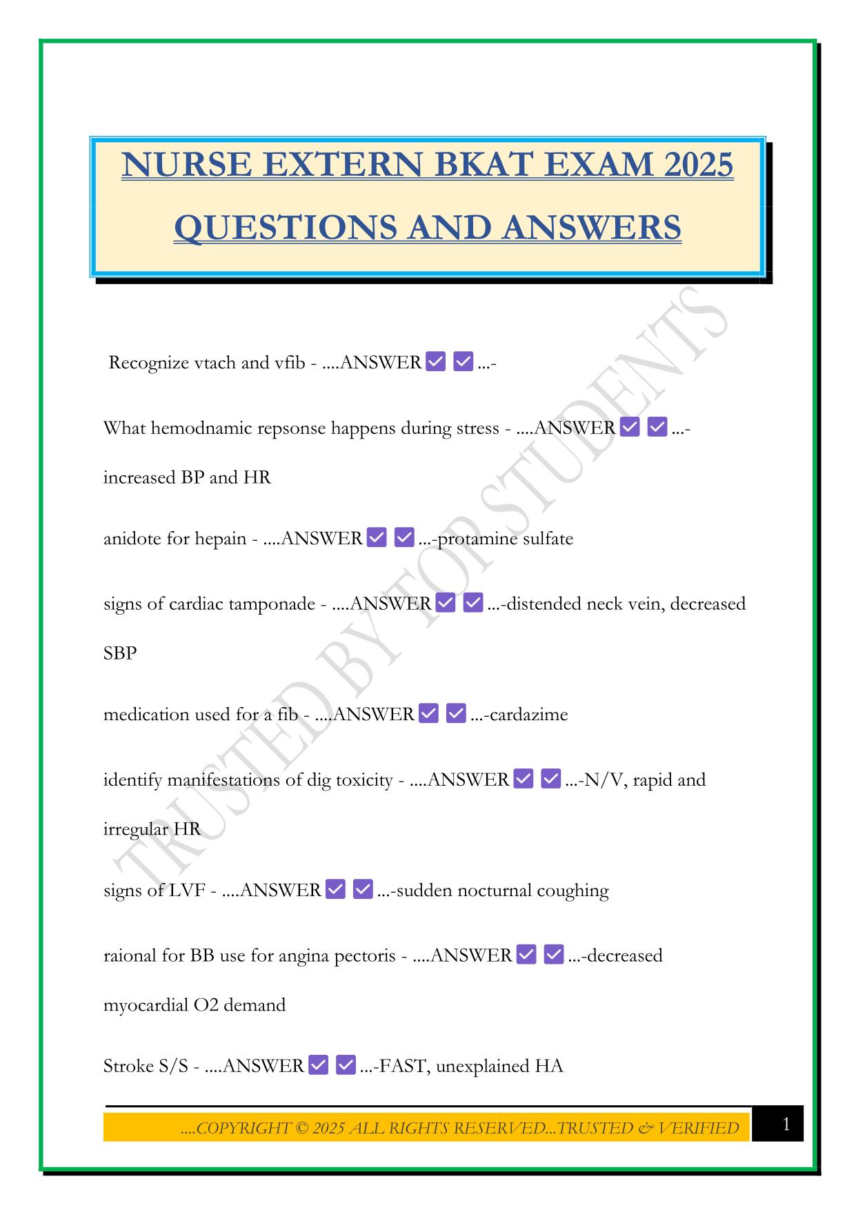 NURSE EXTERN BKAT EXAM 2025 QUESTIONS AND ANSWERS