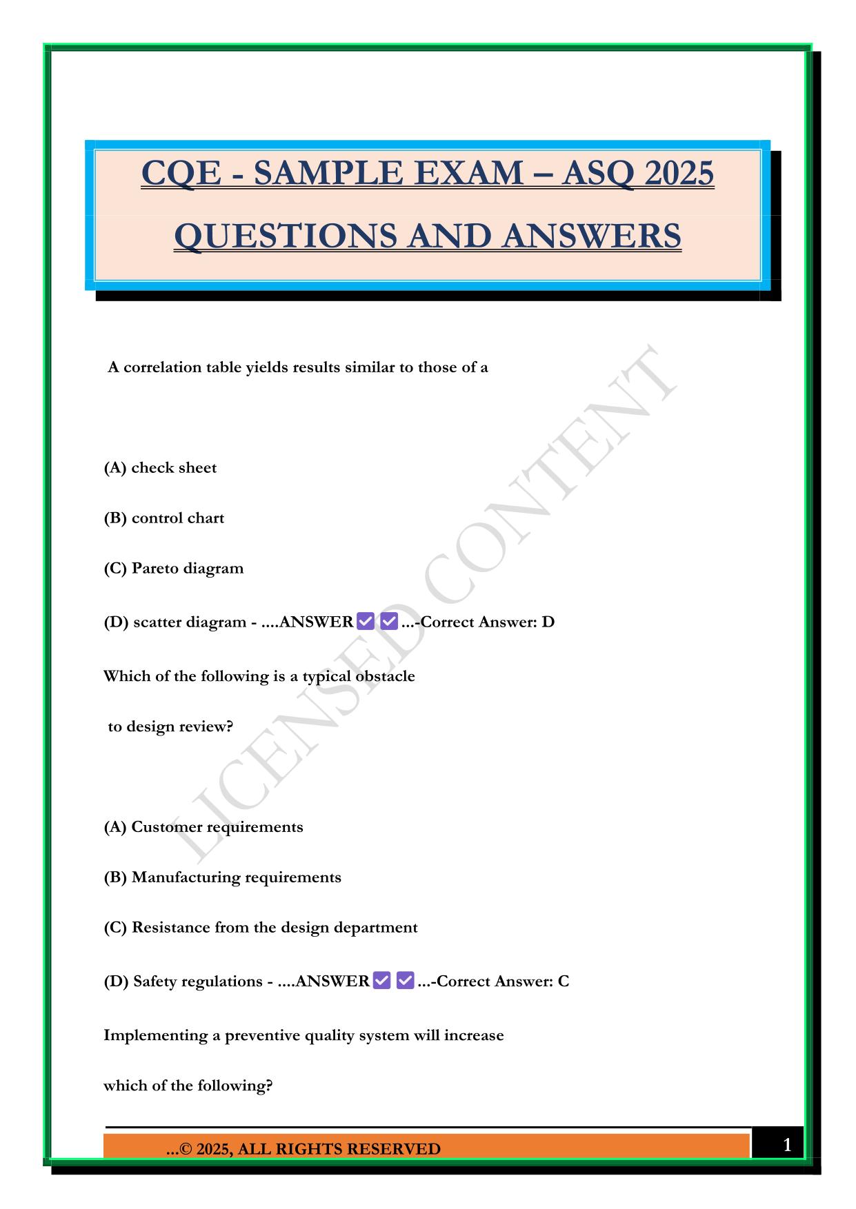 CQE - SAMPLE EXAM – ASQ 2025 QUESTIONS AND ANSWERS
