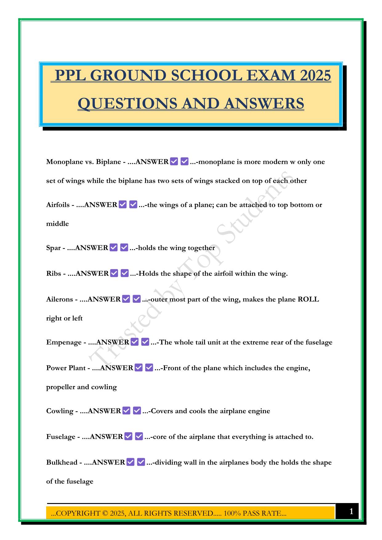 PPL GROUND SCHOOL EXAM 2025 QUESTIONS AND ANSWERS