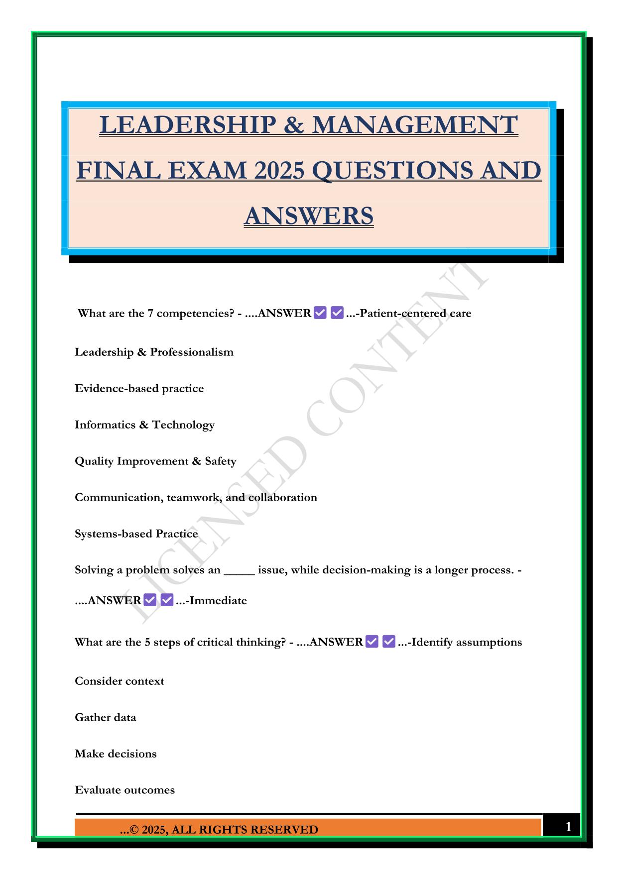 LEADERSHIP & MANAGEMENT FINAL EXAM 2025 QUESTIONS AND ANSWERS