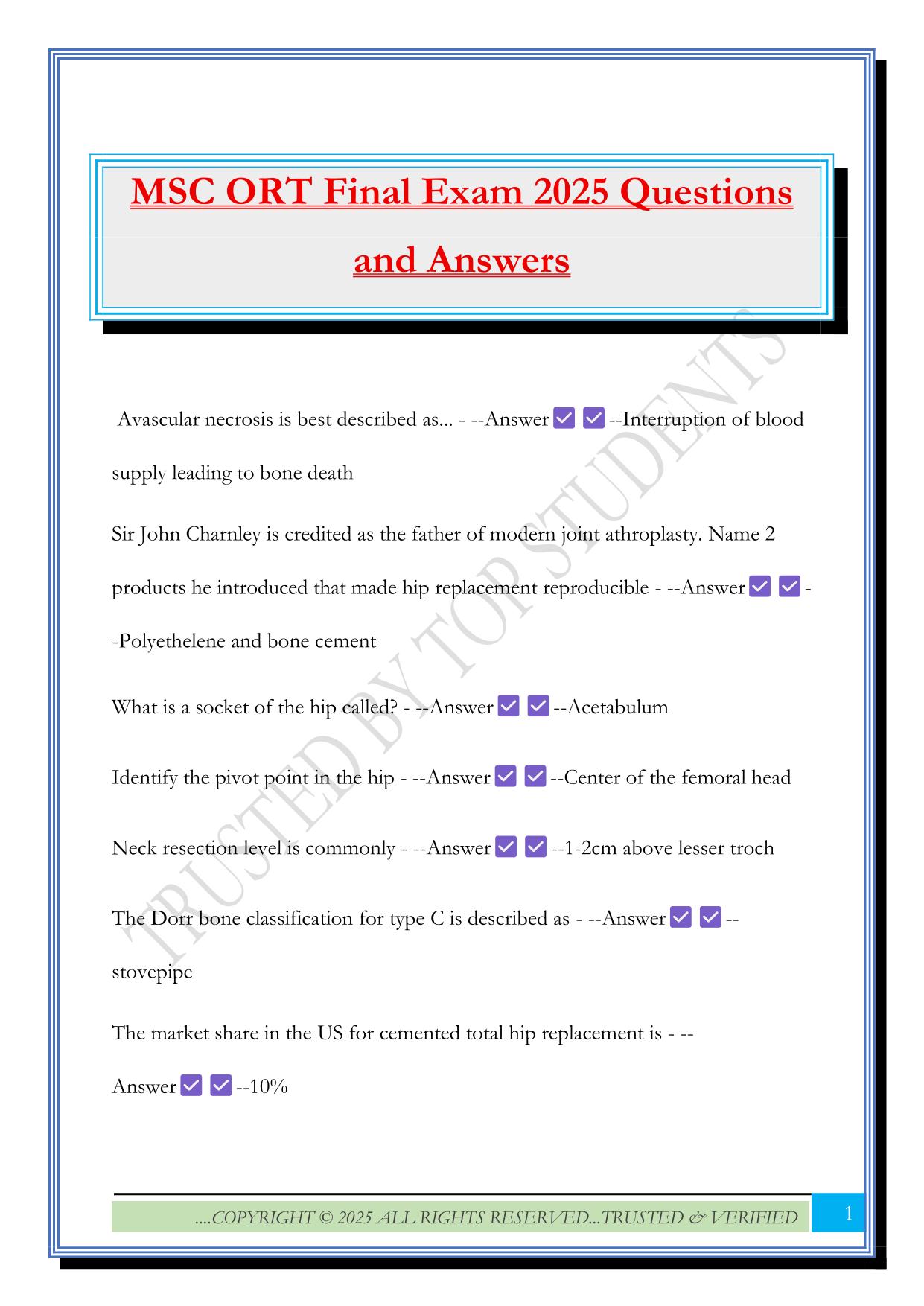 MSC ORT Final Exam 2025 Questions and Answers