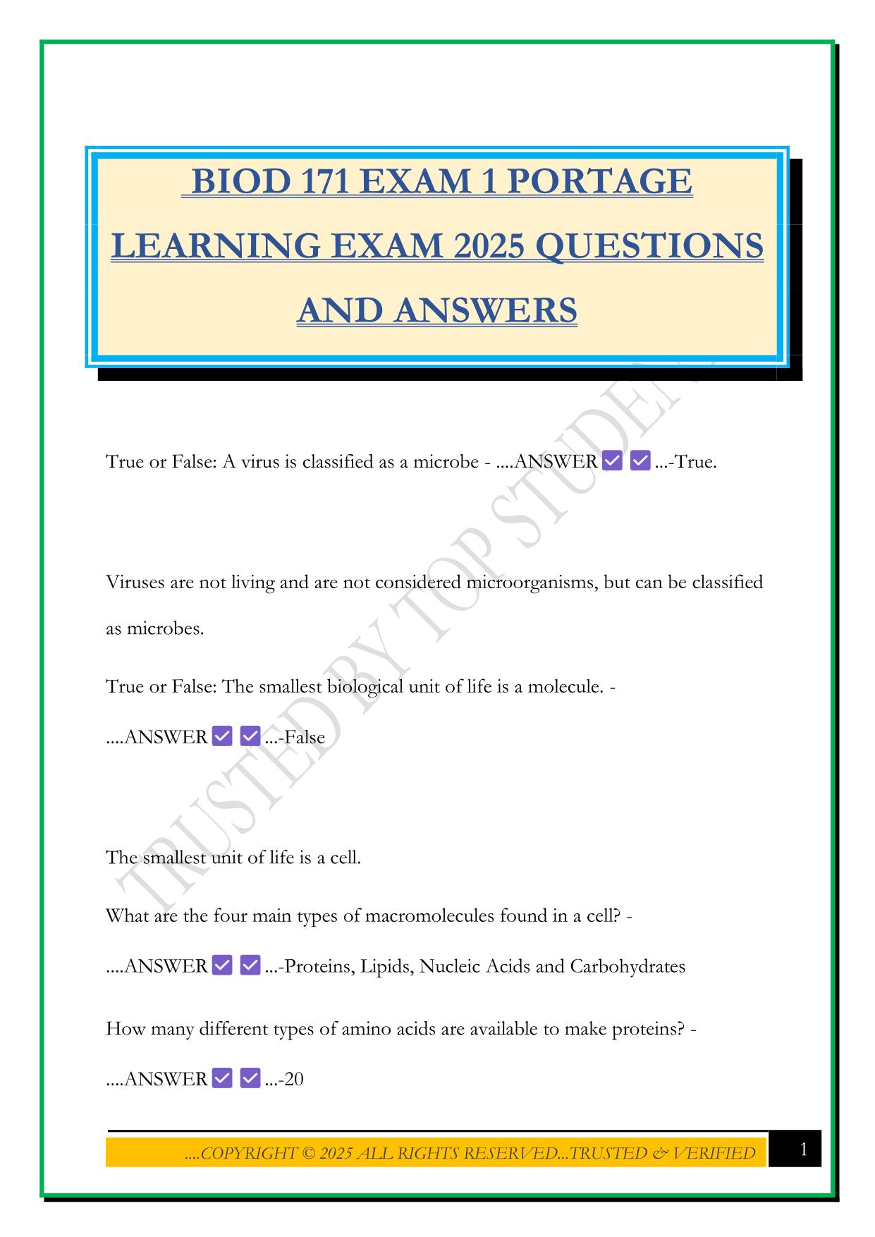 BIOD 171 EXAM 1 PORTAGE LEARNING EXAM 2025 QUESTIONS AND ANSWERS