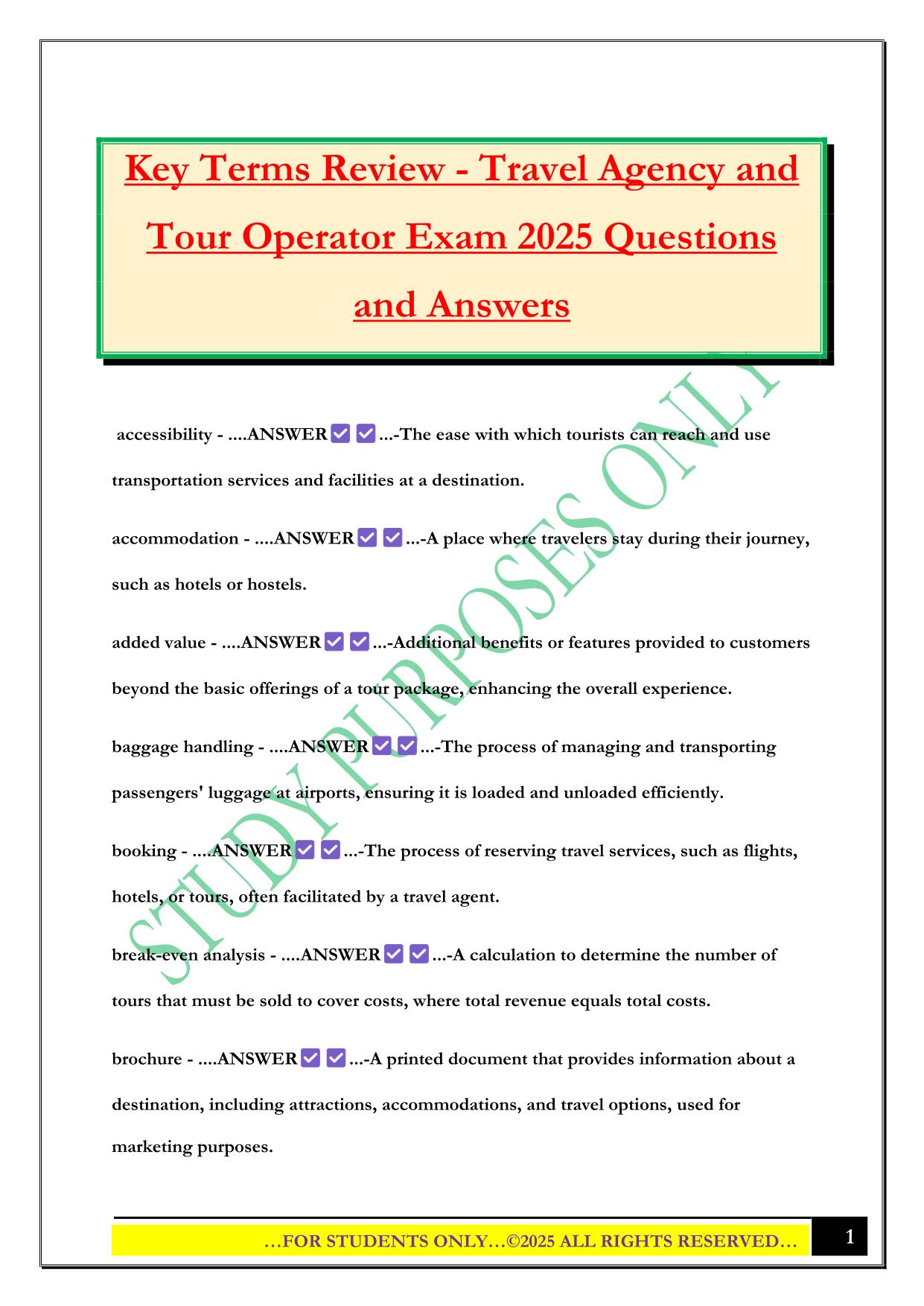 Key Terms Review - Travel Agency and Tour Operator Exam 2025 Questions and Answers