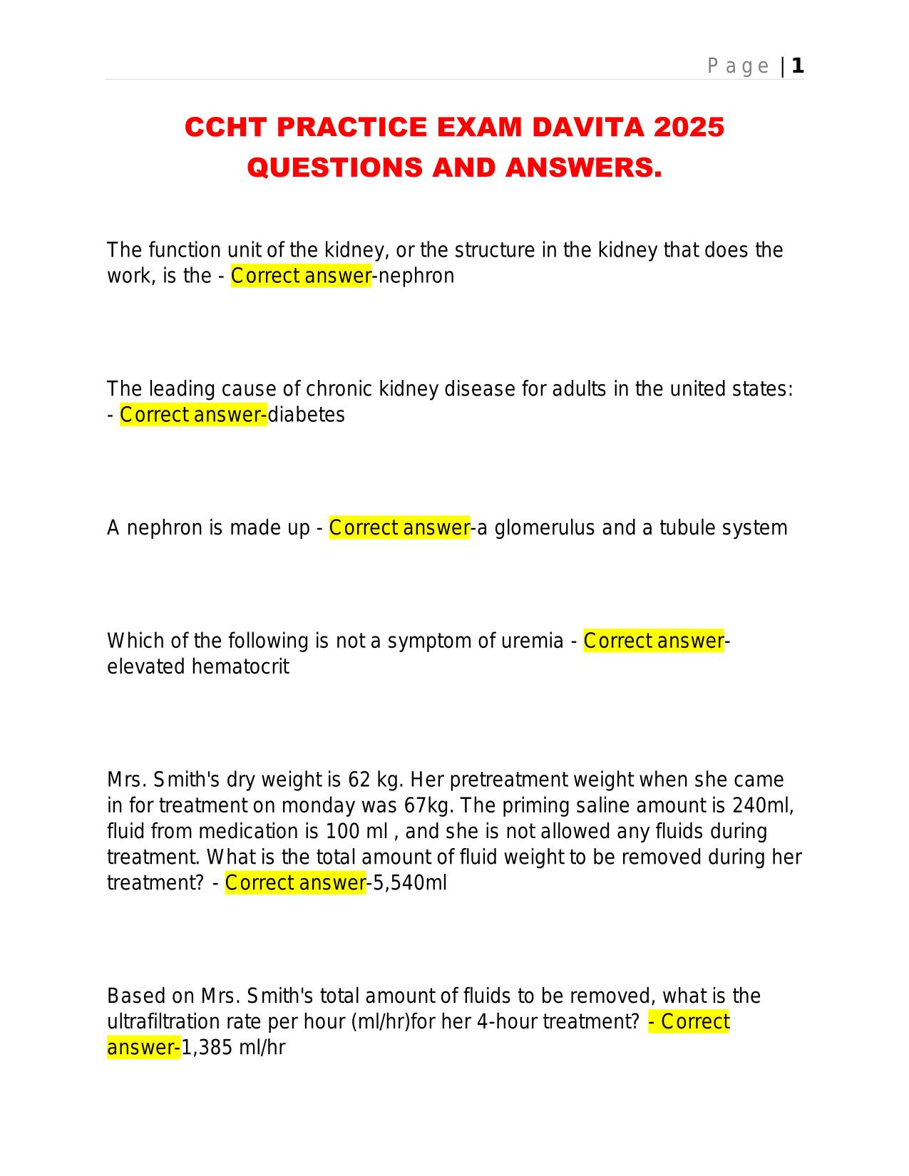CCHT PRACTICE EXAM DAVITA 2025 QUESTIONS AND ANSWERS.