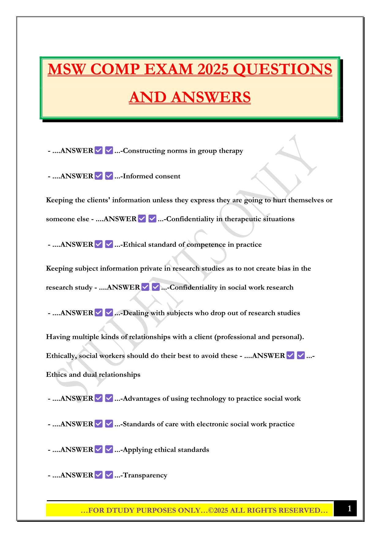 MSW COMP EXAM 2025 QUESTIONS AND ANSWERS